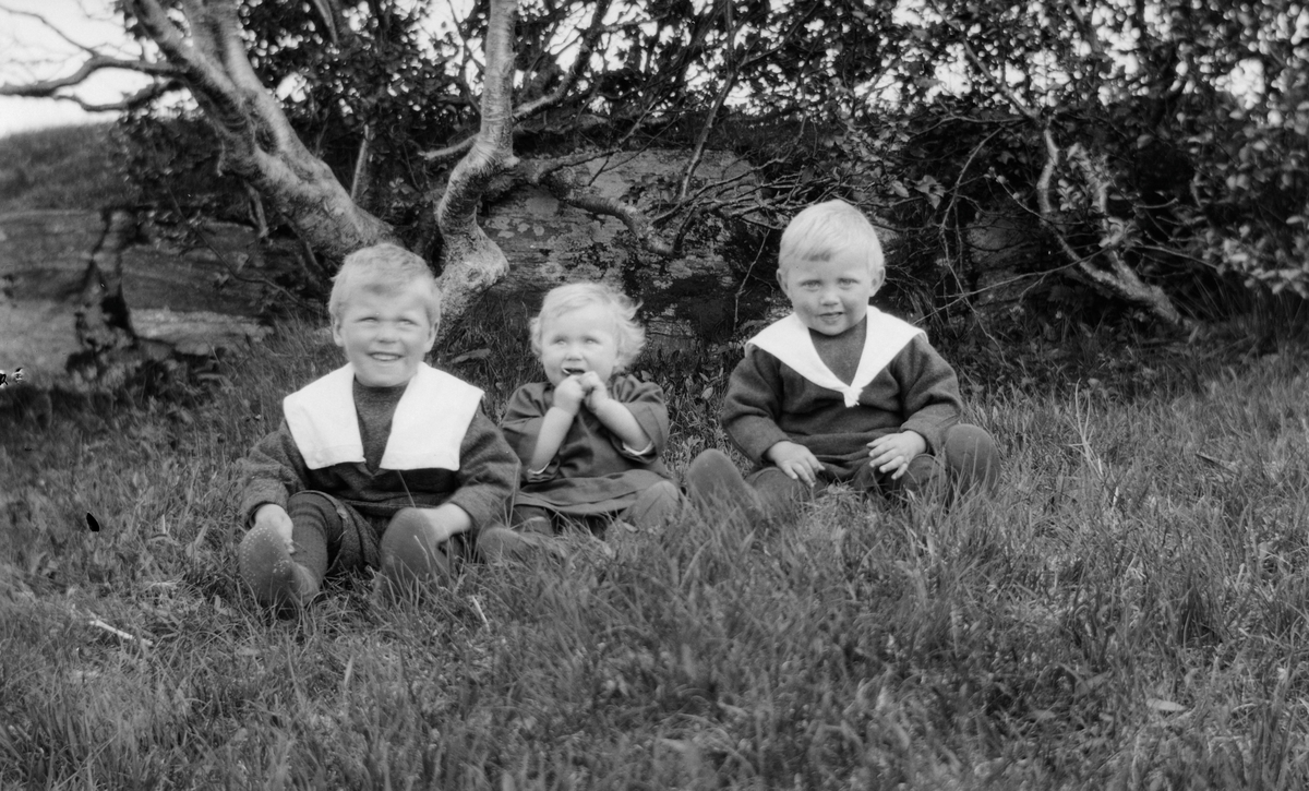 Tre barn sitter i gresset. Arnulf, Solveig Johanne og Olav Torsvik, Torsvikvågen 1923