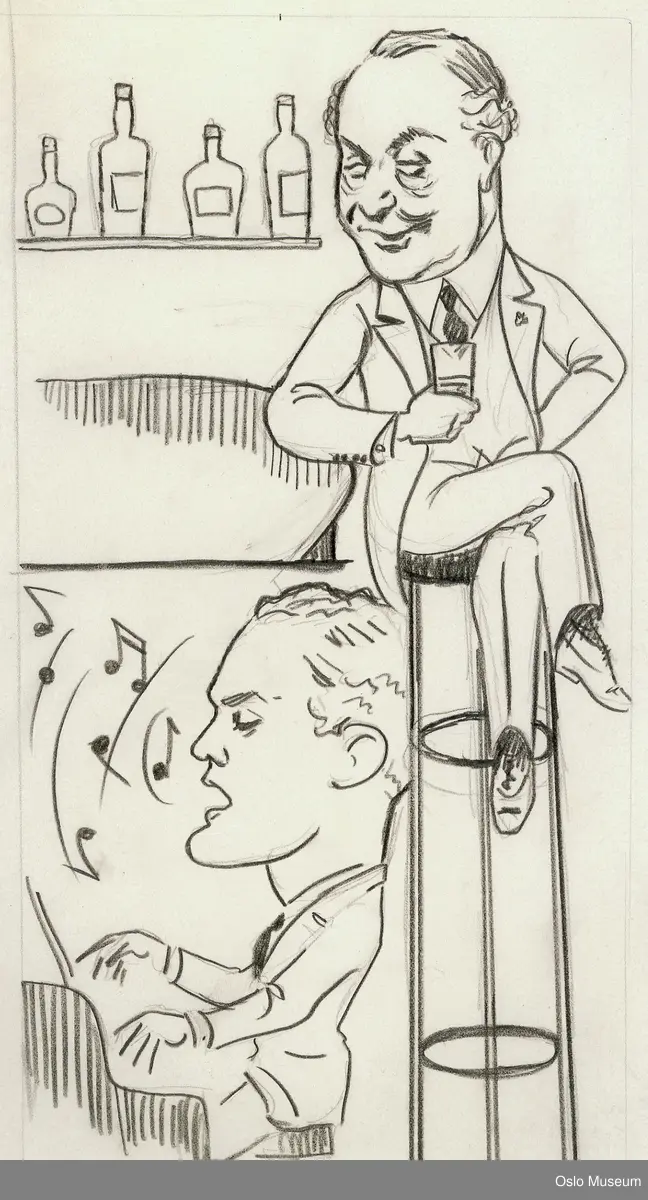 karikatur, mann. Knudsen sitter på en krakk og Foss spiller piano.