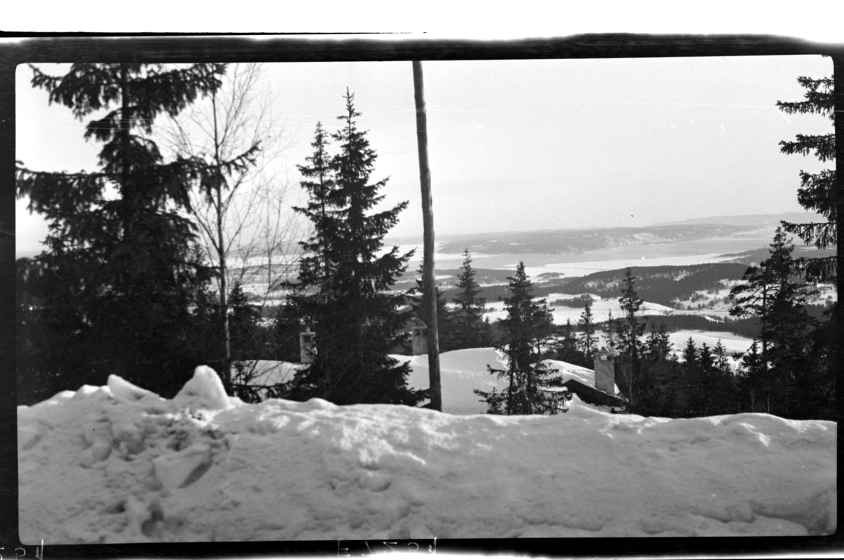 Snøkledd landskap sett fra Villa Knyggen. Fotografert 1918-1919.