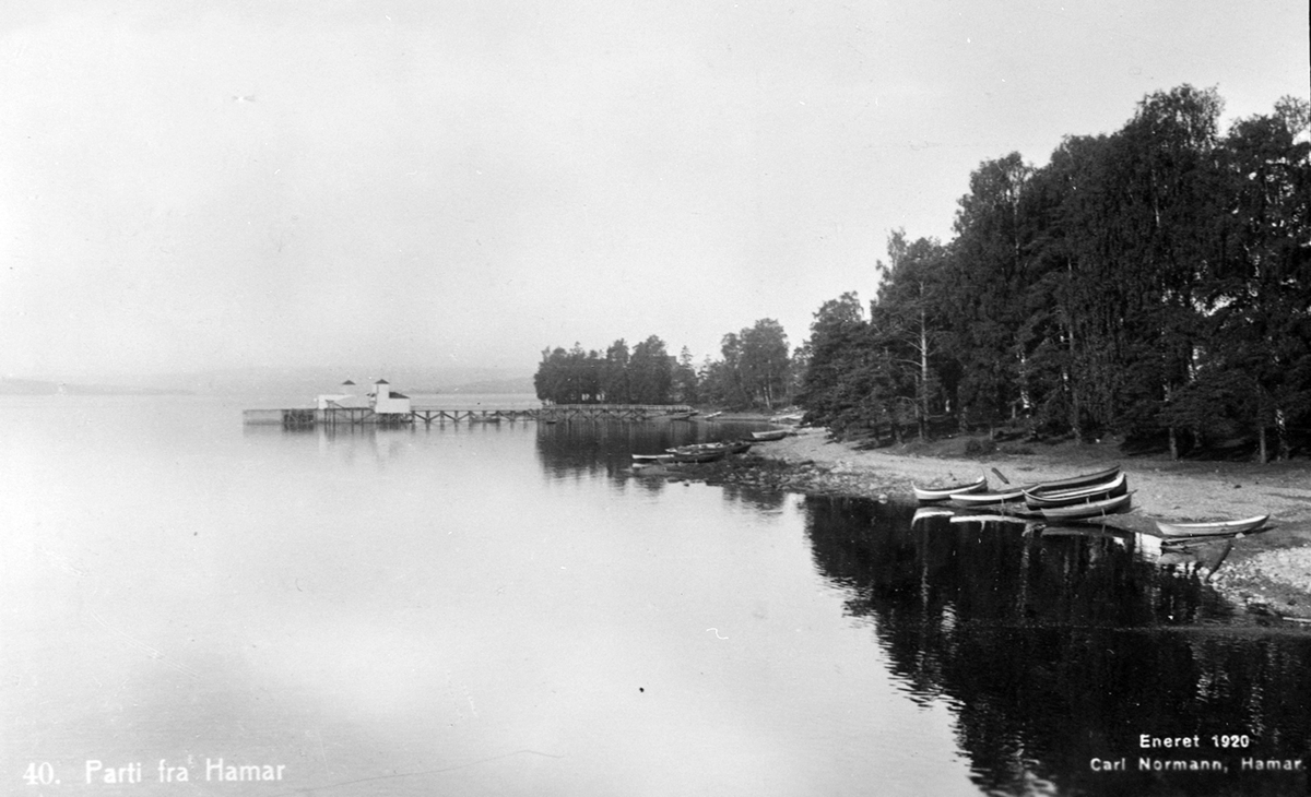 Postkort, Hamar, Storhamarstranda, robåter, Badehuset, Mjøsa, 