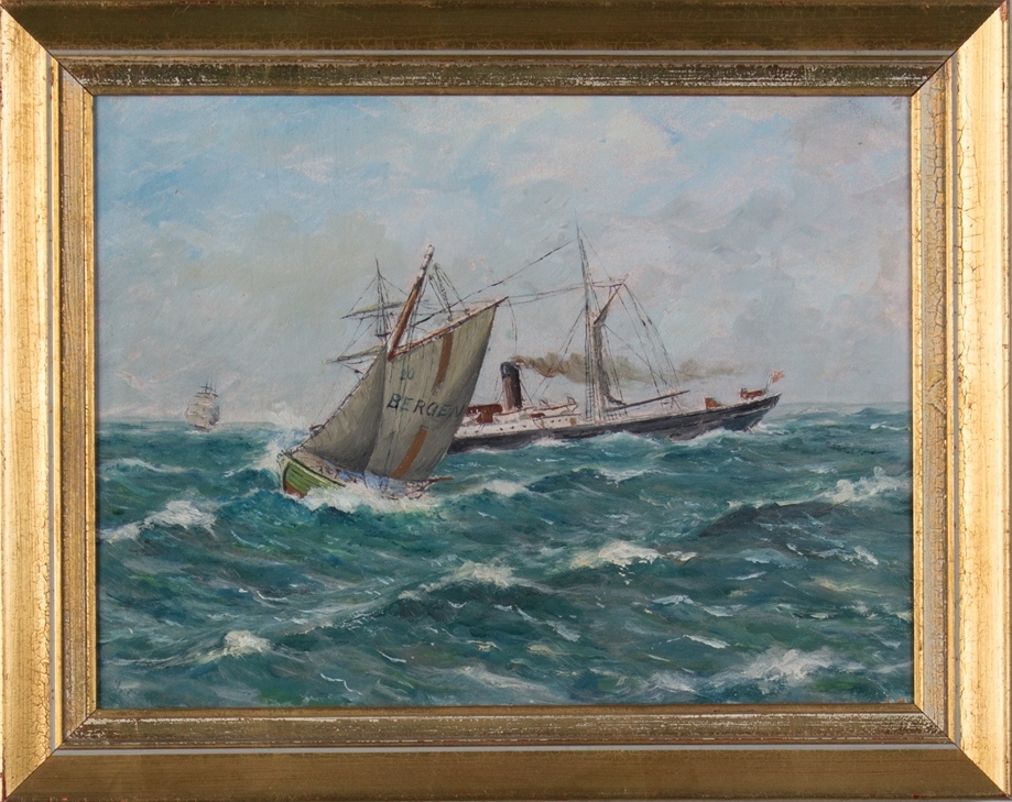 Skutemaleri av losbåt samt damskip i åpen sjø.