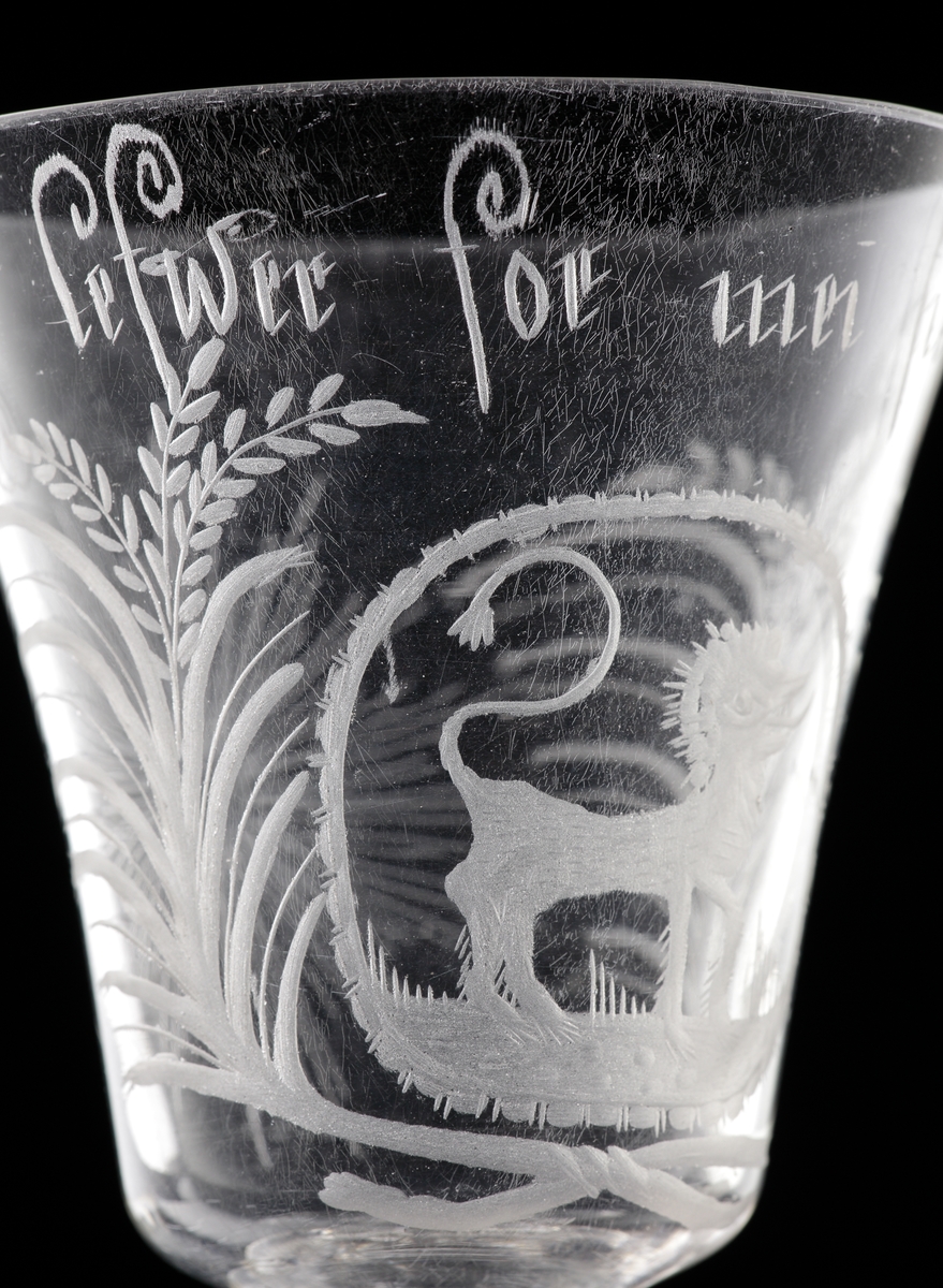 Pokal med lock i venetiansk stil. 
Graverat mönster i form av ett stående lejon m.m.. Text: "Jag Lefwer för mei Sjelfwer". 
Invikt kant på foten.