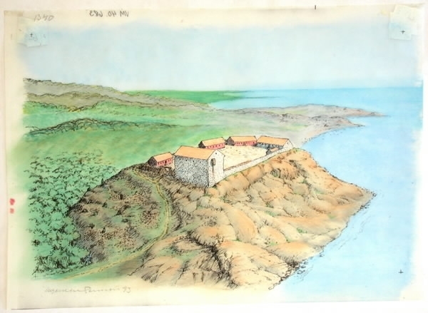 Akvarellerad kopia. Varbergs fästning 1340.