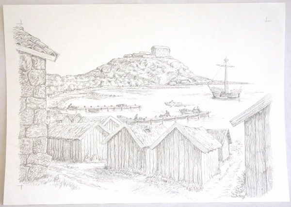 Blyertsteckning. Varbergs fästning med Getakärr i förgrunden.