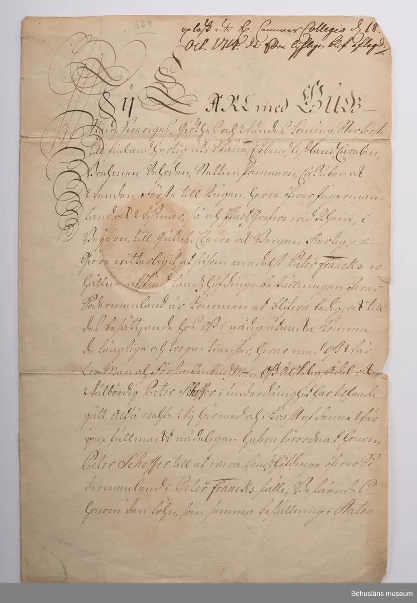 Dokument med karl XII:s egenhändiga namnteckning daterad "Demotika d. 20 Aprill 1714 Carolus".

Ur arkivförteckningen: Fullmakt för Petter Scheffer att vara landshövding i Södermanland, undertecknad av Karl XII i Demotica i Turkiet 2 april 1714.