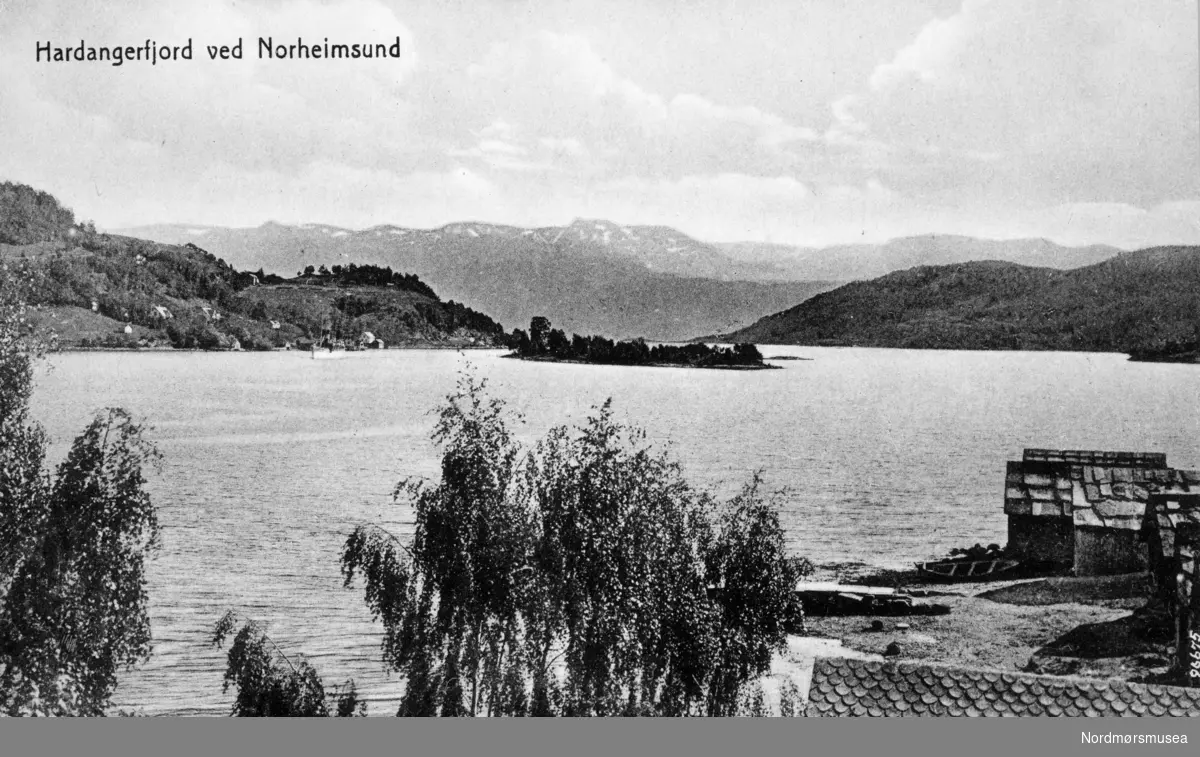 "Hardangerfjord ved Norheimsund" Postkortet er utgitt av Skarbö i Stavanger og har nr. 1091. Fra Kaptein John Paulsens postkort og private bilder. Fra Nordmøre museums fotosamlinger.