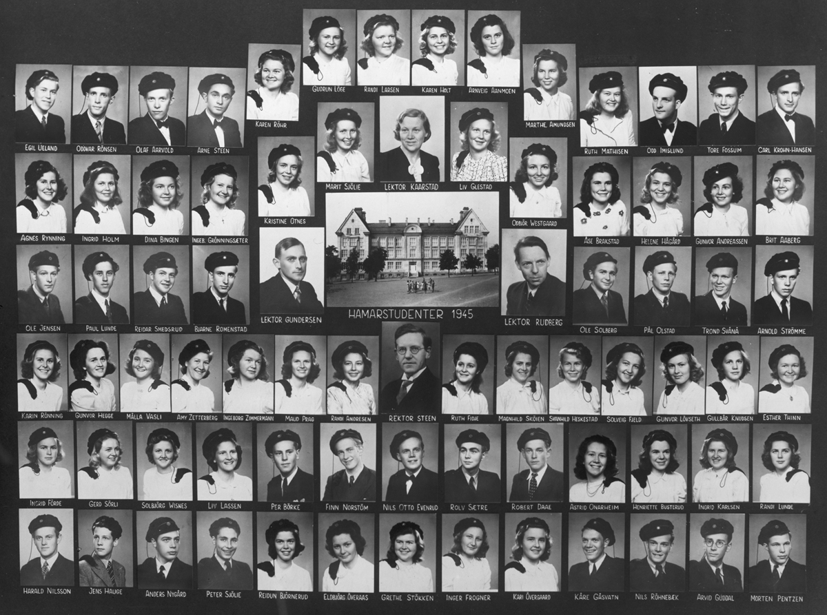 Hamar katedralskole, Hamarstudenter 1945. 1. rekke fv. Harald Nilsson, Jens Hauge, Anders Nygård, Peter Sjølie, Reidun Bjørnerud, Elbjørg Øveraas, Grethe Støkken, Inger Frogner, Kari Øvergaard, Kåre Gåsevatn, Nils Røhnebæk, Arvid Guddal, Morten Pentzen. 2 rekke f.v. Ingrid Førde, Gerd Sørli, Solbjørg Winsnes, Liv Lassen, Per Børke, Finn  Nordstrøm, Nils Otto Evenrud, Rolv Sætre, Robert Daae, Astrid Onarheim, Henriette Busterud, Ingrid Karlsen, Randi Lunde. 3 rekke f.v. Karin Rønning, Gunvor Hegge, Målla Vasli, Amy Zetterberg, Ingeborg Zimmermann, Maud Prag, Randi Andersen, Rektor Steen, Ruth Fidje, Magnhild Skøien, Svanhild Heskestad, Solveig Fjeld, Gunvor, Løvseth, Gullbår Knudsen, Esther Thinn. 4. rekke f.v. Ole Jensen, Paul Lunde, Reidar Smedsrud, Bjarne Romenstad, lektor Gundersen, lektor Rudberg, Ole Solberg, Pål Olstad, Trond Svanå, Arnold Strømme. 5 rekke f.v. Agnes Rynning, Ingrid Holm, Dina Bingen, Inger Grønningsæter, Kristine Otnes, Marit Sjølie, lektor Kaarstad, Liv Glestad, Odbjør Westgaard, Åse Brakstad, Helene Hågård, Gunvor Andreassen, Brit Aaberg. 6. rekke f.v. Egil Ueland, Oddvar Rønsen, Olaf Aarvold, Arne Steen, Karen Røhr, Gudrun Løge, Randi Larsen, Karen Holt, Arnveig Aanmoen, Marthe Amundsen, Ruth Mathisen, Odd Imislund, Tore Fossum, Carl Krohn Hansen.