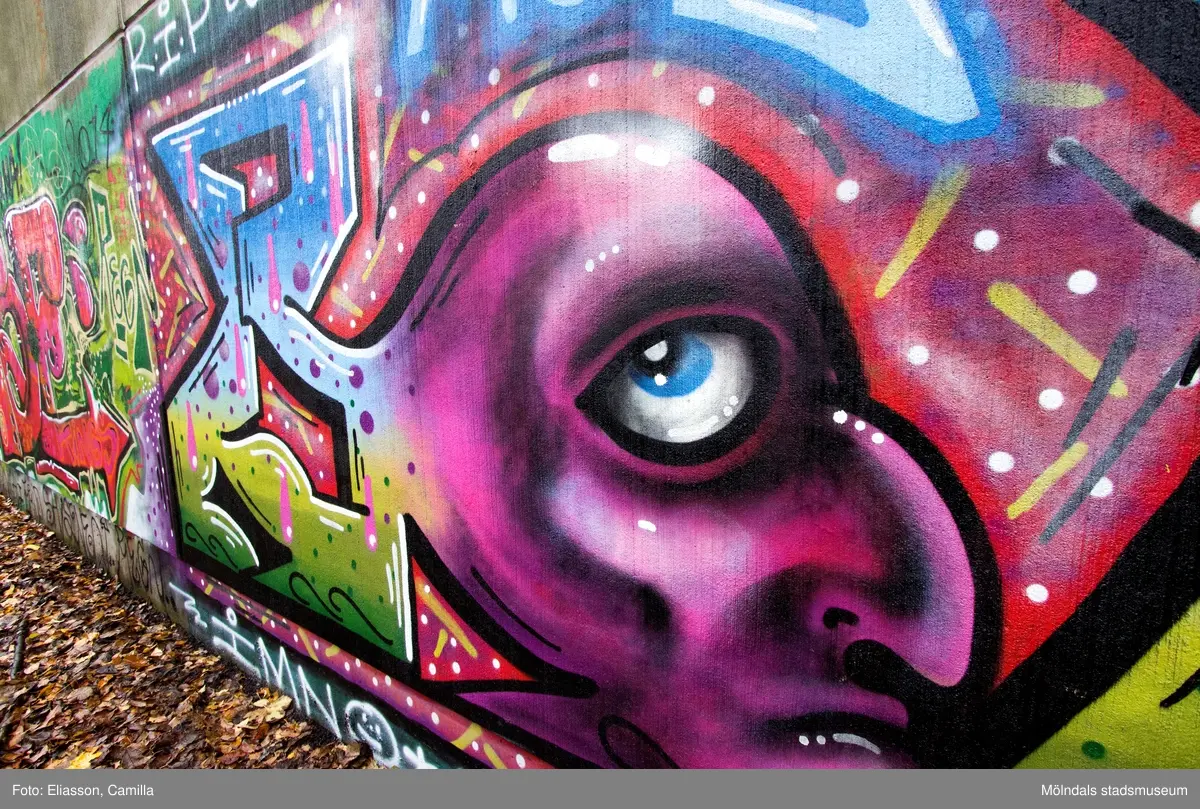 Graffiti på pappersbruket Papyrus fabriksområde i Forsåker, Mölndal, den 4/11 2014. Fotodokumentationen gjordes under perioden mellan pappersbrukets avveckling och områdets nyexploatering. Området var under denna tid populärt bland ungdomar som ville uttrycka sig konstnärligt med graffiti.