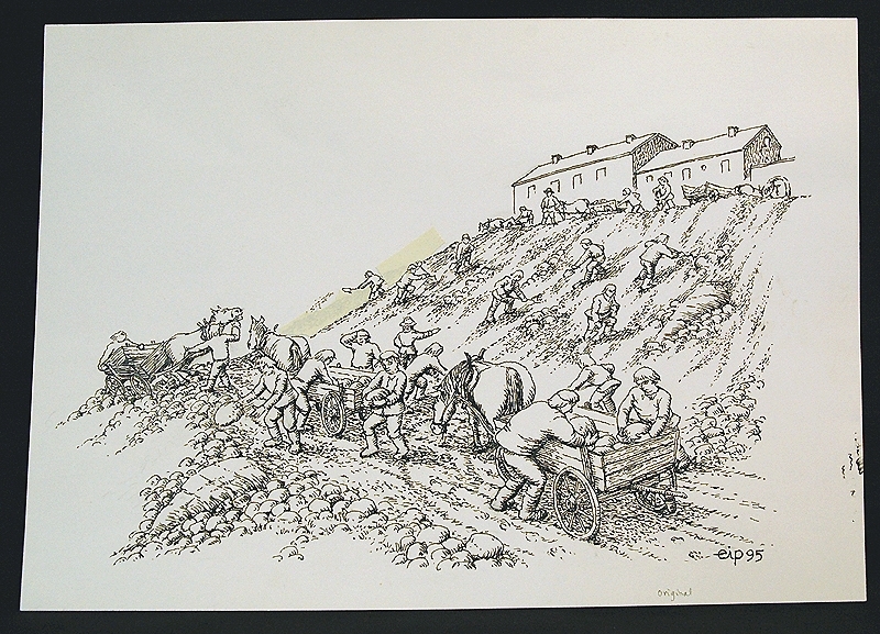 a) Tuschteckning föreställande böndernas arbete att bygga fästningen. 
b) Tuschteckning föreställande en flöjt. c) Teckning (fotostatskopia?) av Marcus Meyers övertagning av fästningen. d) Teckning (fotostatskopia?) av Varbergs fästning som bok. e) Teckning (fotostatskopia?) föreställande en arm hållandes en rovfågel. f) Fotostatskopia av murtegel.