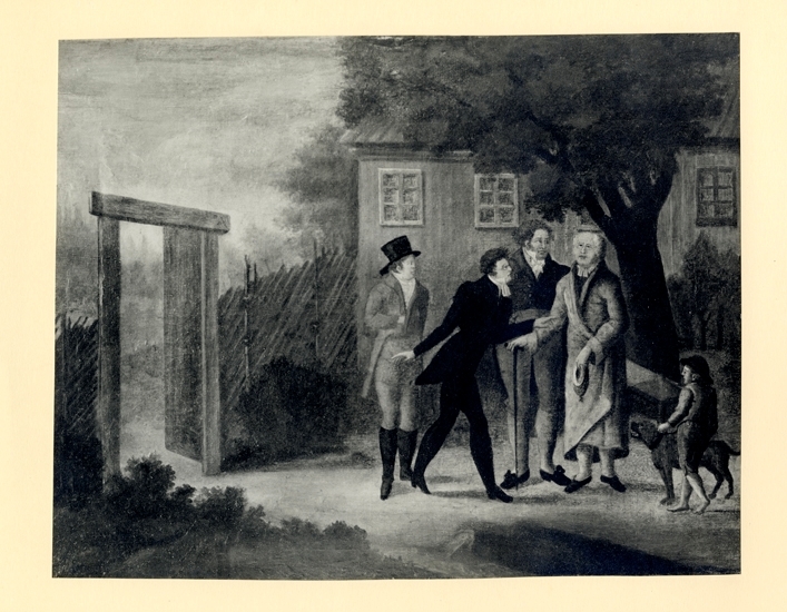 Tryck (efter oljemålning, M 49654).
Naivistiskt avbildande hur dåv. biskop Esaias Tegnér (i nattrock m.m.) får besök av ärkebiskop J.O. Wallin 
och två andra gäster i trädgården på Östrabo.