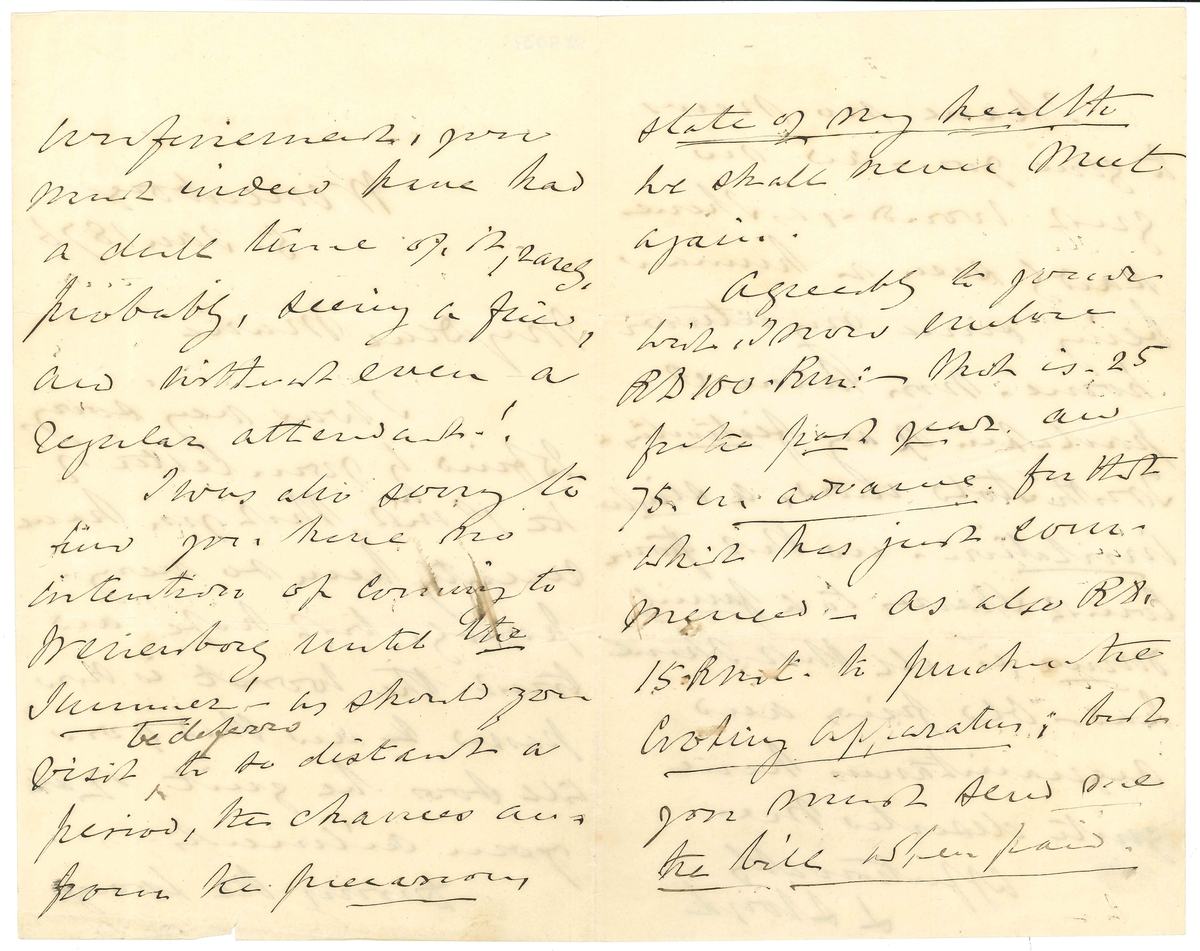 Brev till Maria Lloyd från Llewellyn Lloyd:

"Wenersborg
5, Jan 1876

My Dear Maria
I was very sorry to find by your letter of th 1st inst. that you have recently been so very poorly. but hope and trust the worst is now passes and that you will soon be quit of all your ailments.
During the long confinement, you must indeed have had a dull time of it, rarely, probably, seeing a friend, and without even a regular attendant!
I was also sorry to find you have no intention of coming to Wenersborg until the Summer! - as should your visit be deferred to so distant a period, the chances are, from the precursory state of my health we shall never meet again.
Agreeably to your wish, I now enclose RD 100-Rm:- that is - 25 for the past year and 75. in advance for that which has just  commenced - as also RD 15-Rmt. to purchase the Cooking Apparatus; but you must send me the bill when paid.
I have no news to give you - and no great wonder, as I have hardly seen a human being since my return home. Nor have I partaken of any festivitas. Truth told, indeed, a single invitation - and that from Count Sparres to a family dinner, is all that I have had. Old friends and acquaintances have quite deserted me.
Affectionately
L Lloyd"