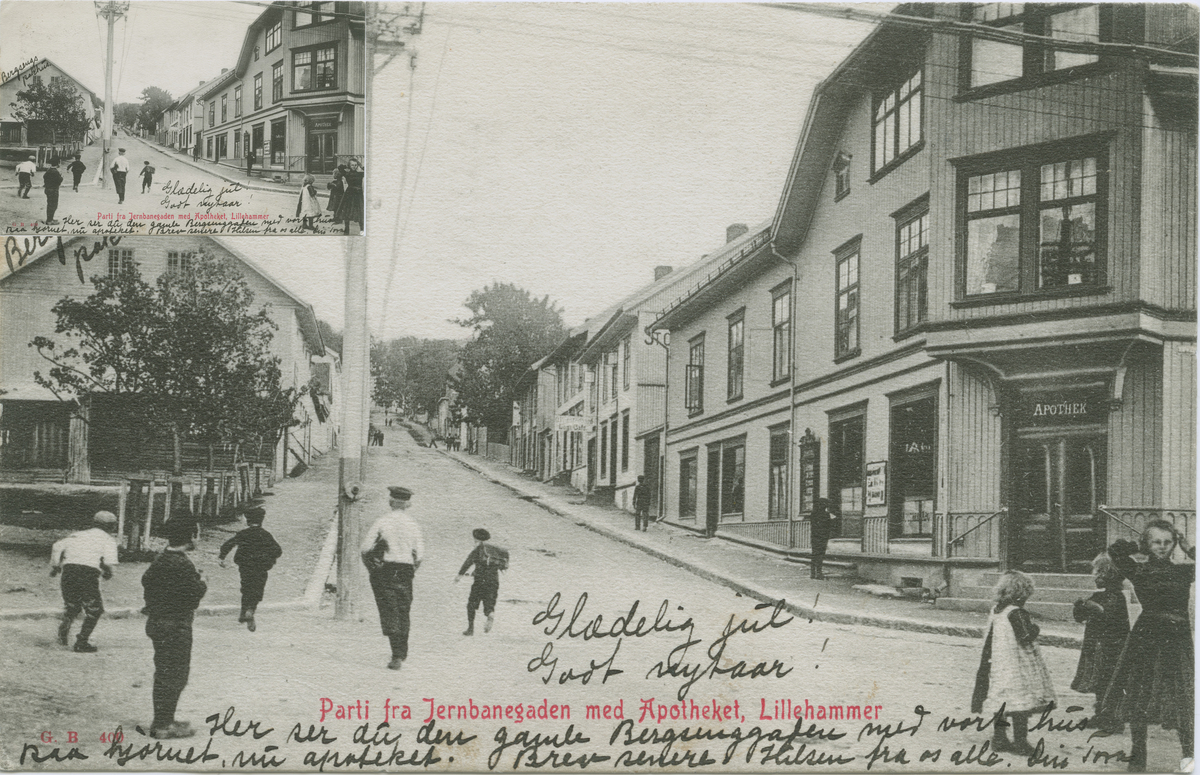 Repro: Jernbanegaten med Lillehammer apotek, postkort, fram- og bakside.