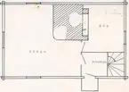 Planskiss över bottenvåningen. Endast de yttre måtten fullt exakta. skala 1:20. Stugan avsedd att rivas i augusti månad och flyttas till Ekbacken,  Torsås.