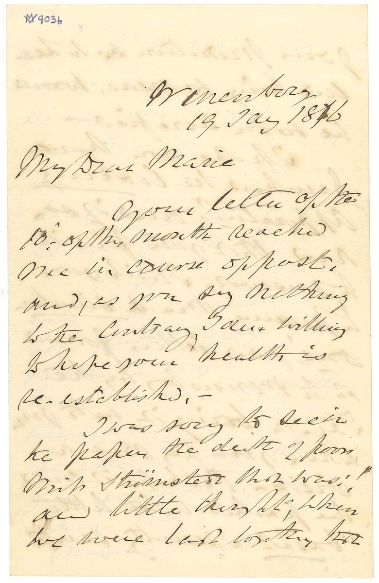 Brev till Marie Lloyd från Llewellyn Lloyd:

"Wenersborg 19 Jany 1876
My Dear Marie
- Your letter of the 10- of this month reached me in sourse of post, and, as you say nothing to the contrary, I am willing to hope your health is re-established.-
I was sorry to see in the paper the death of poor Miss Strömstedt that was:! and little thought, when we were last together, that your prediction as to her end being so near. would be soon verified -
I hope you have purchased the Cooking Apparatus? and if so, and that you find it to answer, I wich you to procure me a similar one!,- and either forward it to Wenersborg by the Tåg. or bring it with you when you pay me av visit- Perhaps it could be packed in the little basket I recently sentyou? - If not you can desire the person from whom you buy it, to provide a suitable box - and when I know the exact expense I will remit you the Money.
Might it not be as well if you defered coming here until the days are somewhat onger. say some time in nest Month. when, perchance. I may be avler to walk with you occasionally, which I am unable to do at present -
Your letter to fröken S. was duly forwwarded. She herself. as well as your other. friends. are. I belieive well.
Of late, nothing bur Kalasses have been going on in Wenersborg, I am told Mrs Elers, the wife of the Colonel, reports having been to no fewer than 19- in the like Number of consequtive days!,: but I for my part, have not been out of the house!
For some time past. Henriette has removed into the Room adjoining to Mine.- and. at a comparative small outlay We both now find ourselves warm and comfortable. When you pay me a visit. however. you of course - should you so wish it., can occupy the corner Room though, truth told, it, during severe weather; is cold and comfortless.
Joan desires her duty to you. She talks of leaving my servide
With best wishes
BeleiveMe Affectionalely
L Loyd"

Tillaft med blyerts:
"Älskade gamle pappas 3 sidsta bref från hemmet."

Detta blad har suttit ihop med första bladet av VM09035.

Lloyds enda piga enligt husförhörslängden för kvarteret Rosen 1870-81, s. 402 hette Anna Beata Gabrielsdotter. Hon avflyttade till Göteborg 1877.
Johanna Sofia Wennermark hade flyttat till samma stad 1870, och Josefina Nor(d)berg flyttade till Stockholm 1874.