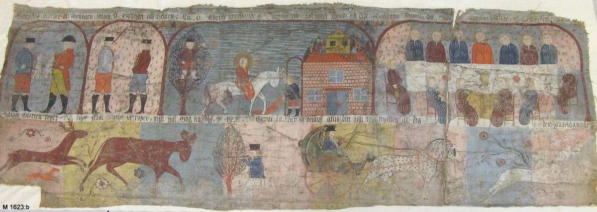 Bonadsmålning i tre delar enligt registerkortet, varav denna bl a föreställer Herodes mördar alla svenbarn, Grandet och bjälken, Christi inridande i Jerusalem. Målad 1828 av Sven Nilsson, Trane-Sven i Härnäs, Blekinge, i tempera - pigment, ägg och ev. mjöl (Nyström 2012:150-151) - på grövre tuskaftvävt linnetyg. Tyget är skarvad vertikalt av en mindre och en större del, med en gles grov söm emellan delarna.

Inskrivet i huvudkatalogen 1892-1900