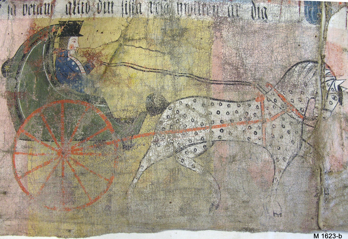 Bonadsmålning i tre delar enligt registerkortet, varav denna bl a föreställer Herodes mördar alla svenbarn, Grandet och bjälken, Christi inridande i Jerusalem. Målad 1828 av Sven Nilsson, Trane-Sven i Härnäs, Blekinge, i tempera - pigment, ägg och ev. mjöl (Nyström 2012:150-151) - på grövre tuskaftvävt linnetyg. Tyget är skarvad vertikalt av en mindre och en större del, med en gles grov söm emellan delarna.

Inskrivet i huvudkatalogen 1892-1900