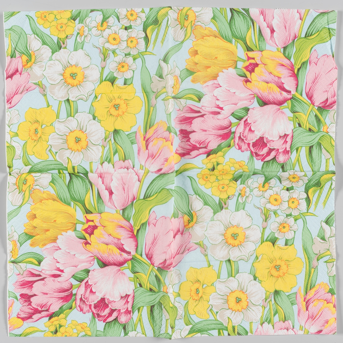 Rosa og gule tulipaner, påskeliljer og pinseliljer.