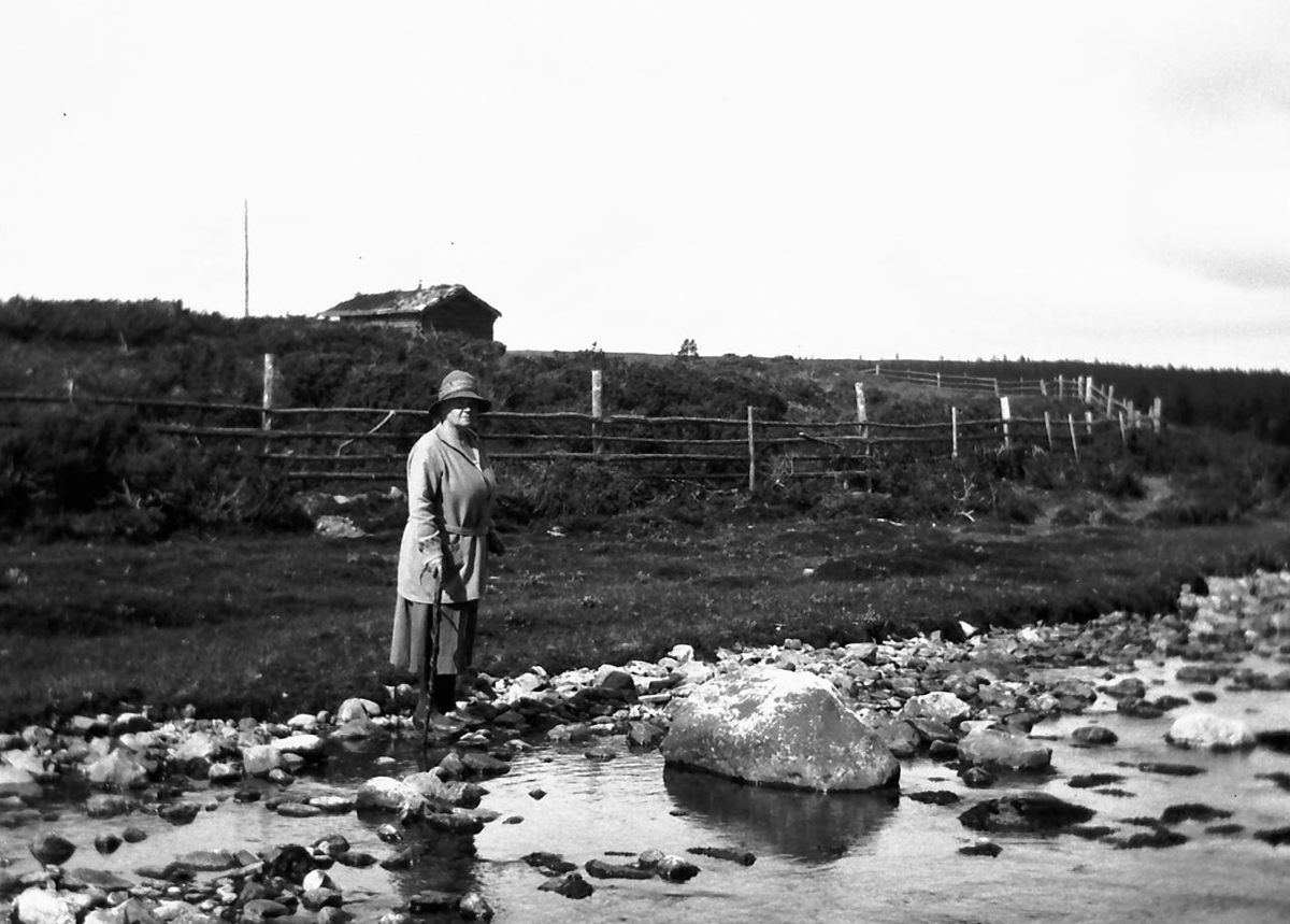 Mary Archer Heggen går langsmed Mistra innpå fjellet i Øvre Rendal. Det inngjerde område er hennes seter, Heggenvollen. 