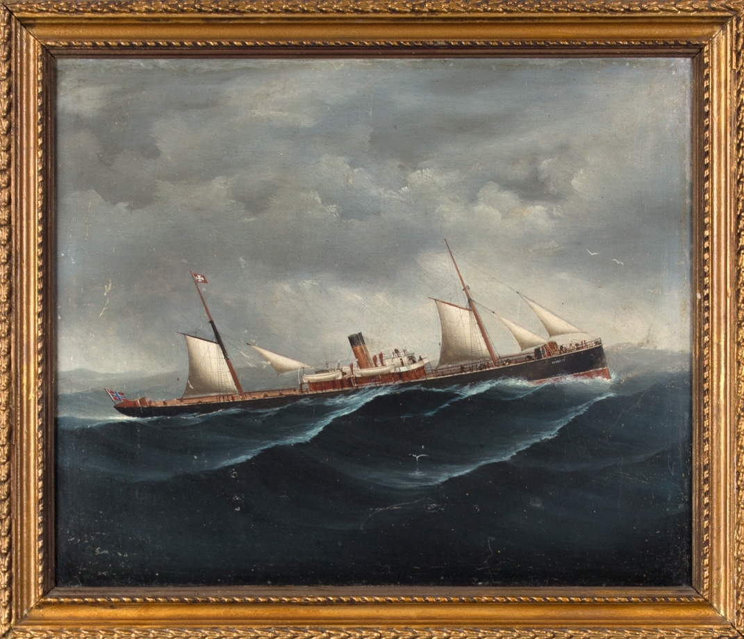 Skipsportrett av DS OSCAR II i grov sjø med seilføring. Norsk flagg i akter.