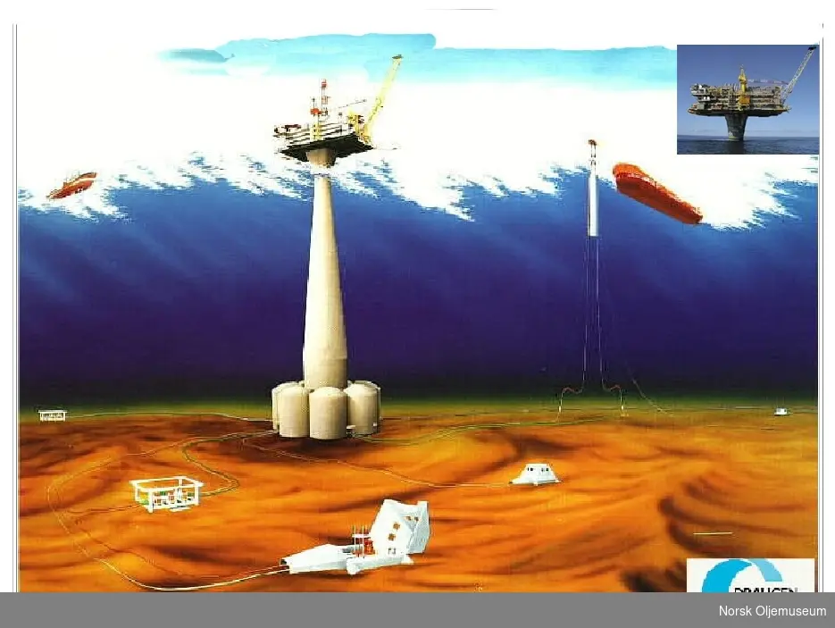 Tegning som viser Draugen plassert på havbunnen med plasseringen av undervannsinstallasjonene og lastebøyen.