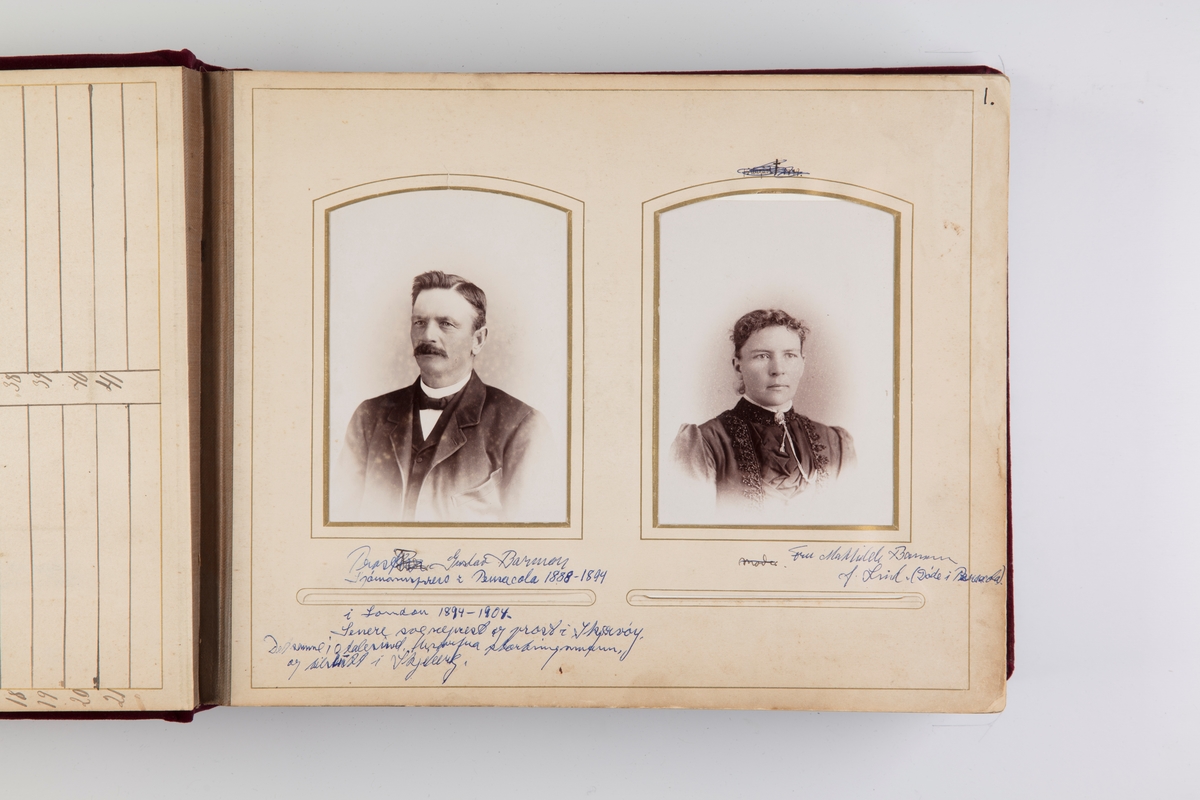 Fotoalbum med kabinettfotografier. Portretter av norske kapteiner, med koner og barn, som har fart på Pensacola og London. Samlet av prost Gustav Barman i årene 1888-1904. Prost Barmann var sjømannsprest disse steder.