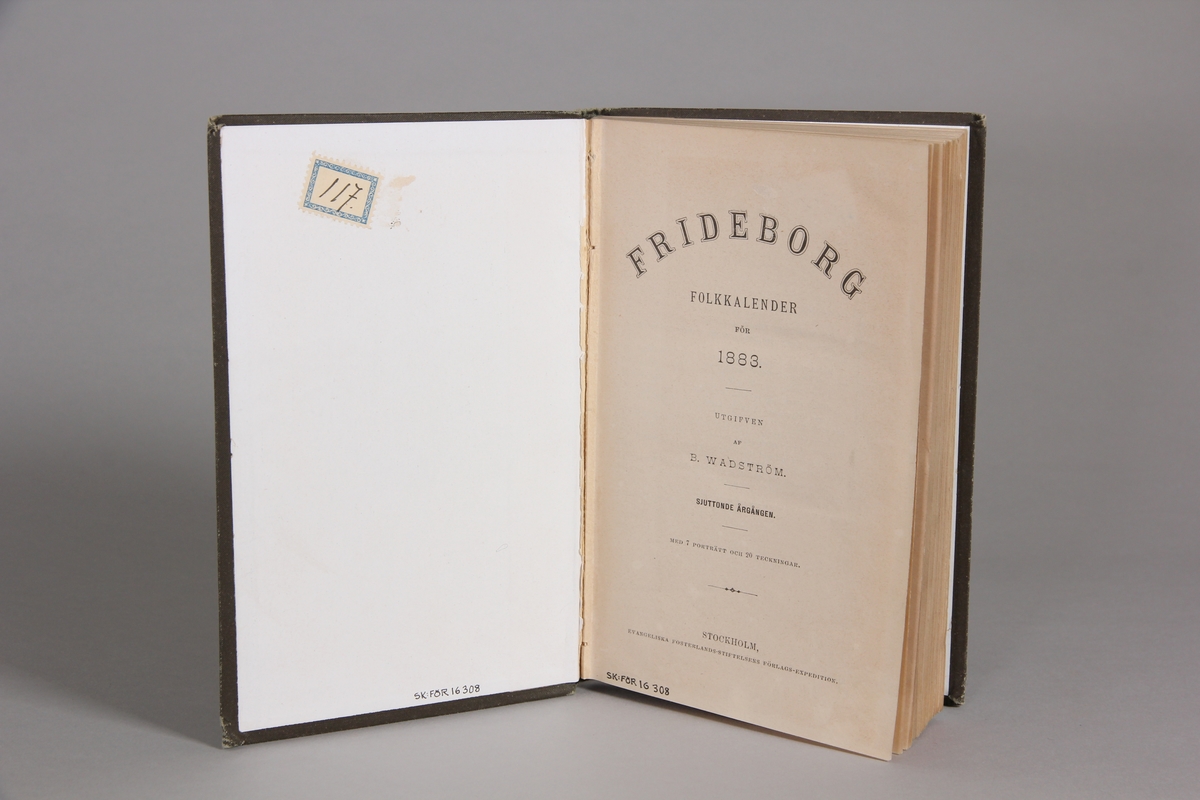 Bok, inbunden med mörkgrått klotband med tryck i guld på framsidan: titeln Frideborg 1883 samt dekorativa element. Röd skinnetikett på ryggen med titeln i guld. På titelsidan: FRIDEBORG FOLKKALENDER FÖR 1883. UTGIFVEN AF B. WADSTRÖM. SJUTTONDE ÅRGÅNGEN. MED 7 PORTRÄTT OCH 20 TECKNINGAR STOCKHOLM, EVANGELISKA FOSTERLANDSSTIFTELSENS FÖRLAGS-EXPEDITION. 168 sidor med olika berättelser, betraktelser och dikter, skrivna av olika anonyma författare, samt illustrationer i form av litografier. Innehållet har en starkt religiös prägel.