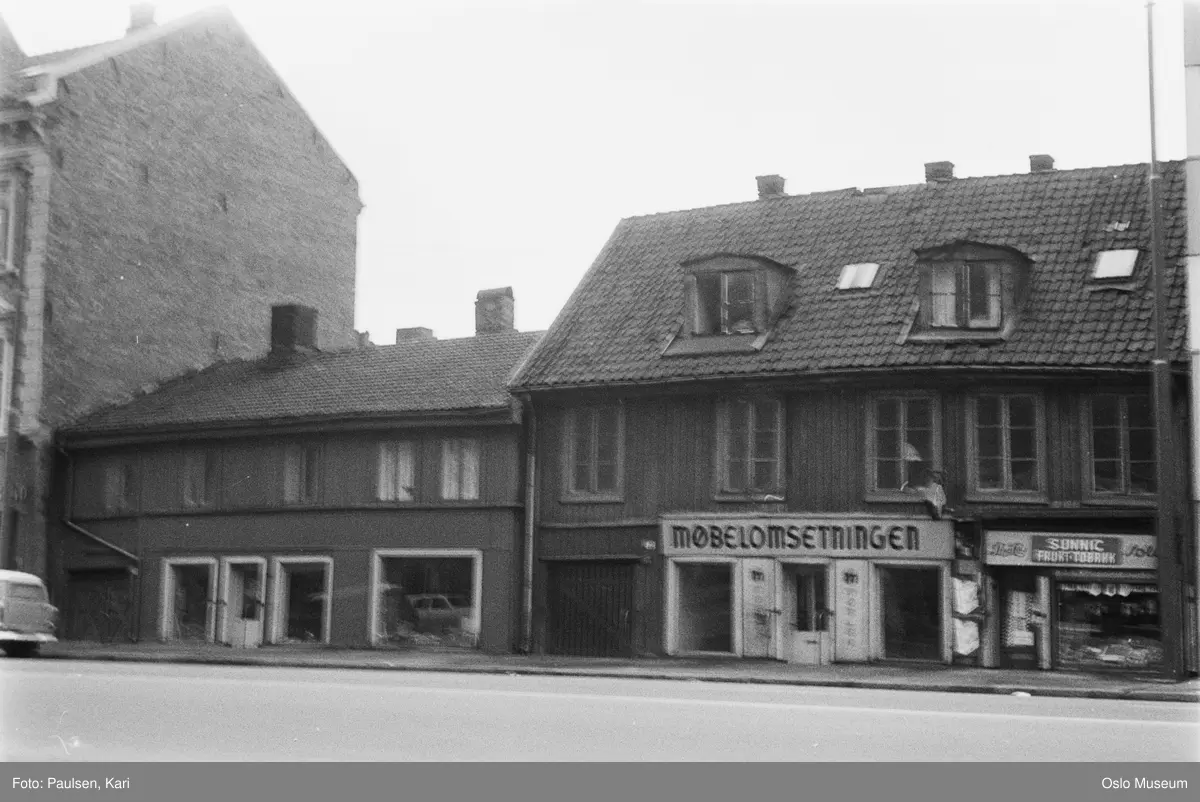 trehus, forretninger, bygård, gavlvegg