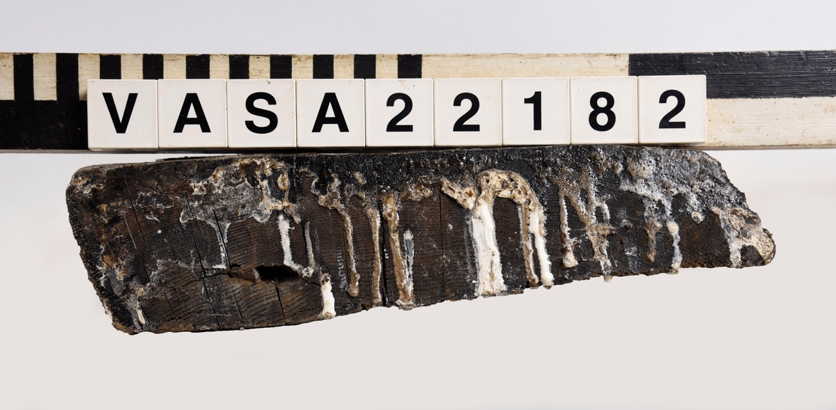 Tröskel till kanonport 14. Nästan rektangular med fasad kanter och ändar. 6 moderna skruvhål, ett klart original spikhål och ett till möjligt.
Lite deformerad, mycket vittrad på ytor (ändar bättre bevarad).