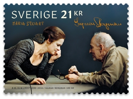 Fem självhäftande frimärken i rulle med två motiv ur Ingmar Bergmans produktion. Valör 21 kr.