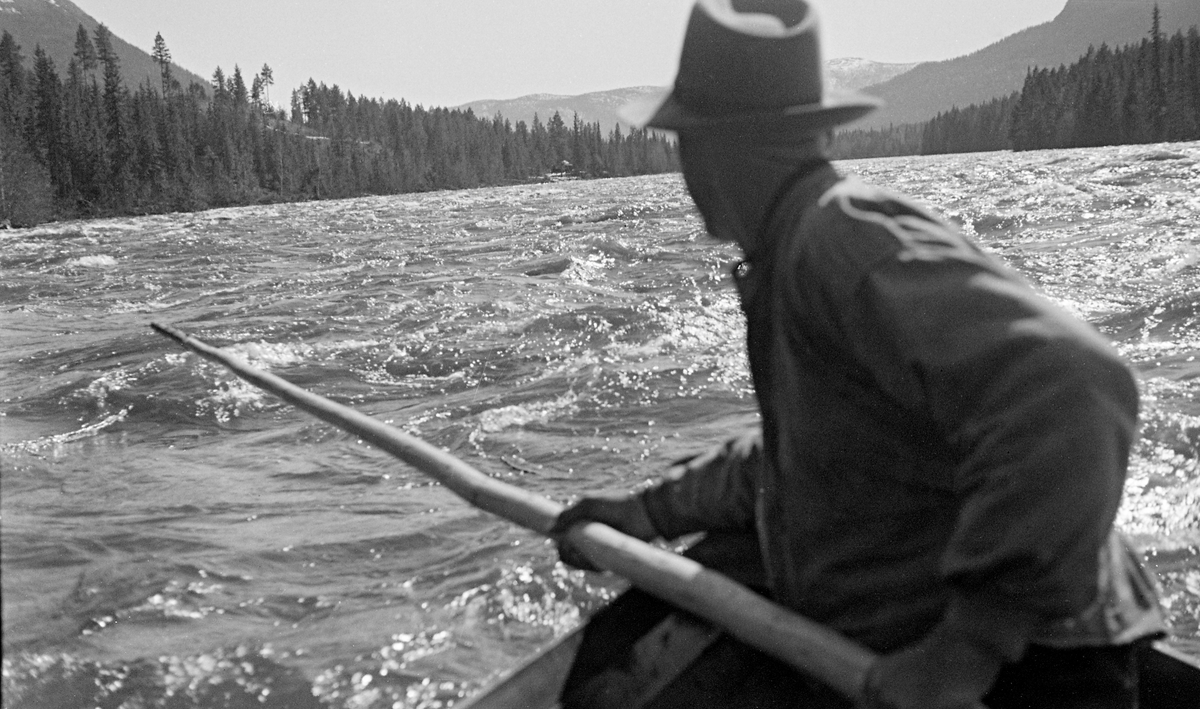 Fløterbåt på veg gjennom Barkaldfossen i Glomma i Alvdal kommune våren 1950.  Fotografiet er tatt mot akterenden av båten, der det satt en kar i bakskottet med ei lang stang som han ved behov brukte til å styre eller slå krafta ut av kraftige strømhvivler.  På strekningen mellom Hardneset i Alvdal og Atna passerer Glomma flere slike fossestryk, med urolige farvann for så vel fløtingstømmer som for farkostene som ble brukt under arbeidet med å få tømmeret til å flyte sørover i elveløpet.  Disse partiene stilte store krav til båter og mannskaper.  Lenge var Hårdnes-karene sentrale i denne virksomheten.  Da dette fotografiet ble tatt var det Simen Hårdnes (1886-1977) som var både fløterbas og båtbygger.  Han skal ha produsert 241 båter fra 1912 til han måtte gi seg på sine eldre dager.  Norsk Skogmuseum har en slik båt - jfr. SJF.00829.