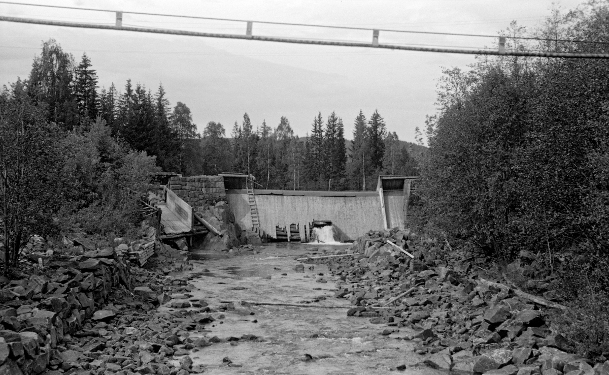 Hurdals Verks dam fotografert før ombyggning, i juli 1955.  Fotografiet er tatt i motstrøms retning en sommerdag med svært begrenset vannføring i Hurdalselva.  Noe strømmet imidlertid ut av bunnluka i dammen og videre nedover i elveløpet.  Bunnluka ble gjerne brukt når dammen skulle tømmes for reparasjoner eller ombyggingsarbeid.  Dette var egentlig en mølledam.  Hovedløpet i elva var stengt av en tømmerkonstruksjon som var utstyrt med bordkledning.  På begge sider var det tørrmurte fundamentert av kvadret naturstein.  Til venstre ser vi dessuten et sideløp - antakelig ei tømmerrenne - utført av tømmer og bord.  Videre nedover langs elvebredde på venstre side kan det synes som om en del stein fra elveløpet er løftet til side og lagt opp som en kantmur med et lite parti utført som steinfyllt tømmerkiste like nedenfor den nevnte tømmerrenna.  Da dette fotografiet ble tatt sto det en stige motoverløpsdammen (hovedløpet).  Oppe på damkrona skimtes en mann med et langskaftet redskap, muligens en fløterhake.