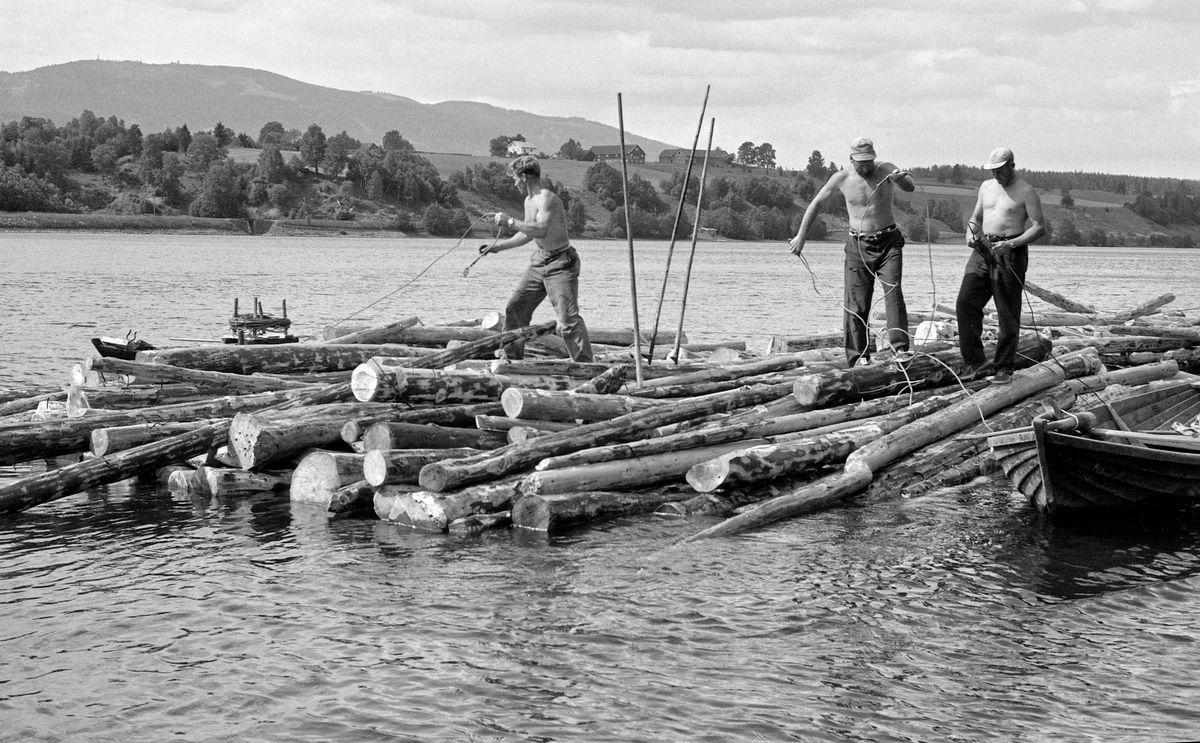 «Riving» av «moser» eller «sopper» – buntet fløtingstømmer – ved ved fløterhytta nord for Sundet i Eidsvoll kommune i Akershus sommeren 1961.  Dette tømmeret var slept fra lenseanlegg ved munningene av av fløtingselvene som rant mot Mjøsa.  Dette virket ble buksert sørover den store innsjøen, på slutten med slepebåtene «Sævat» og «Willy» som trekkraft.  Ved Minnesund skulle tømmeret over i elva Vorma, og etter hvert i Glomma, der så vel den naturlige elvetopografien som kraftverksdammene gjorde det upraktisk å fløte moser eller sopper. Her ser vi tre fløtere som hadde lagt båtene sine inntil et slep og gått over på det buntete tømmeret, der de løsnet vaierbindene som bandt fløtingsvirket i hop, slik at stokkene kunne flyte fritt videre som løstømmer.  Dette arbeidet ble gjort sommerstid, og karene arbeidet med bar overkropp.  De hadde med seg fløterhaker, som var fløternes universalredskap.  Da dette fototrafiet ble tatt sto hakene med endespissene stukket godt ned i tømmerstokkene og skaftene til værs.  I bakgrunnen, på Vormas vestside skimter vi jernbanetraseen med Doknes-gardene på bakkekammen ovenfor.