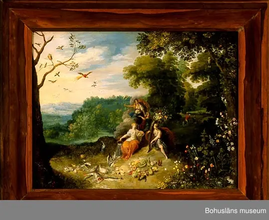 Jan Breugel d ä. Född i Flandern 1568, död 1625.
De fyra årstiderna. 49 x 64,5. Olja på kopparplåt.

RAMNING
Profilerad brunbonad valnötsram på stomme av furuträ.
Kopparplåt, med träpannå med rektangulärt titthål som sitter som ytterligare skydd på baksidan. 
Genom revor i det papper som sitter limmat på plåten skymtar en grågrön beläggning på metallen. Rester av pappersklisterremsa runt pannåns ytterkanter.

UPPGIFTER PÅ BAKSIDAN
På plåten fastlimmat papper handskriven svart text med tusch: 
"The seasons 
by Brughell & Rottenheimer (understruket)
size 2 feet by 1 foot 7 inches
J. R Scott collection HK (?)
bought of J Wats (on ?)
1877"
Blå kritanteckning: "609 aZ"

Fastlimmat papper på bakpannån med handskriven tuschtext: 
"The seasons Brughel & Rottenheimer". På denna ett fastlimmat runt papper med siffran "77".

BREUGHEL Jean dit de Velours
BRUEGEL Jan I 
Övrig historik se JJ01