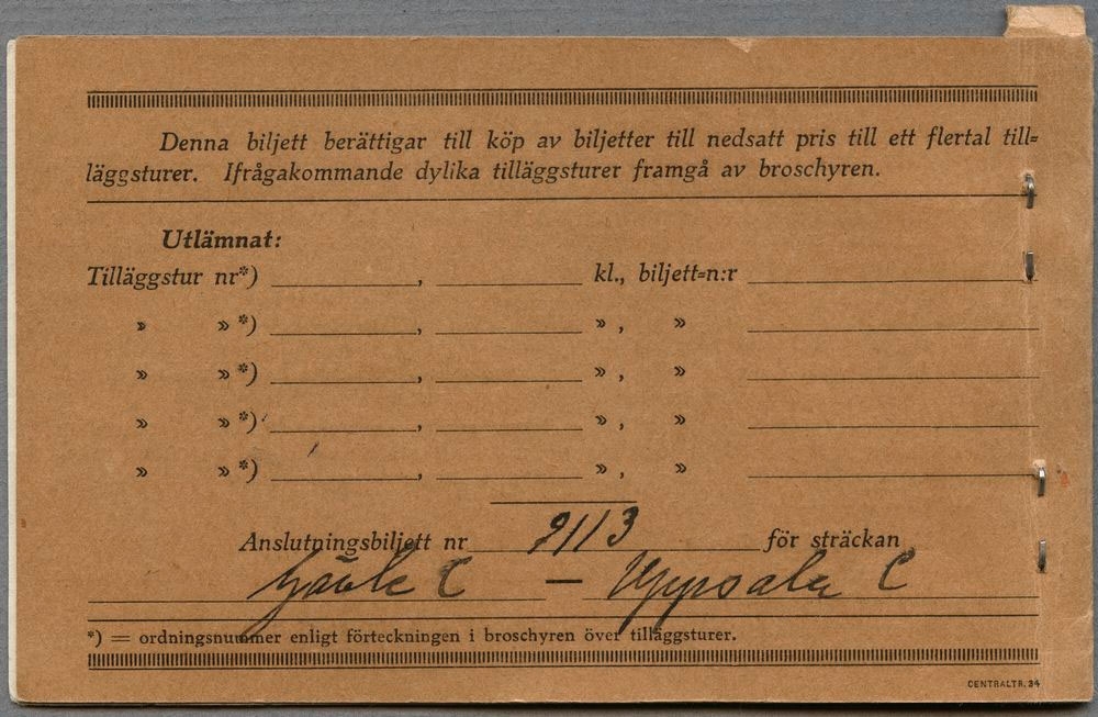 Brun rundresebiljett med den tryckta texten:
"3 klass Alla tåg nr 2566 Kr. 33-
Rundtursbiljett Huvudtur J  
Mellansvenska Visbyturen
Resan påbörjas i Uppsala i omvänd riktning mot Göteborg
Gäller under tiden 29/6 - 12/8 1936 Får ej överlåtas
Innehavarens namnteckning
Utlämningsställets namn och datumstämpel
Tfv. Göteborg-Dalarne-Gävle
GÄVLE-DALA JÄRNVÄGAR
28 JUN. 1936
BILJETTEXPEDITIONEN GÄVLE CENTRAL".
Biljetten är fasthäftad och består av fyra blad med följande information: Resväg, uppgift om frivikt, karta över huvudturen, prisuppgifter om gotlandsbåtarna, återbetalning  och uppehåll. På sista sidan finns uppgifter om och kolumner för ifyllnad beträffande tilläggs- och anslutningsturer.
