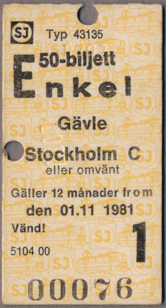 Fyra edmonsonska biljetter med gulmönstrad bakgrund som består av SJ loggan och ellok. Biljetterna har texten:
"SJ Typ 43135
50-biljett Enkel
Gävle Stockholm C eller omvänt
Gäller 12 månader fr o m den 17. 01. 1980".
Text på baksidan: "Denna biljett gäller endast vid tjänsteresa för AGEVE, Gävle".
Biljetterna ser lika ut med undantag för  datumen som är, "01.11 1981", "01.06.1982" och "19.05.1983". Alla biljetter har två hål efter biljettång. Texten på baksidan av biljetterna varierar från "[...] för Gävle Vagnverkstad AB", "[...] för AB Gävle Vagnverkstad Uppehåll medges ej" och "[...] för AB Gävle Vagnverkstad AGEVE Gävle Uppehåll medges ej".
Biljetterna kunde användas en gång under den 12 månaderna de var giltiga.