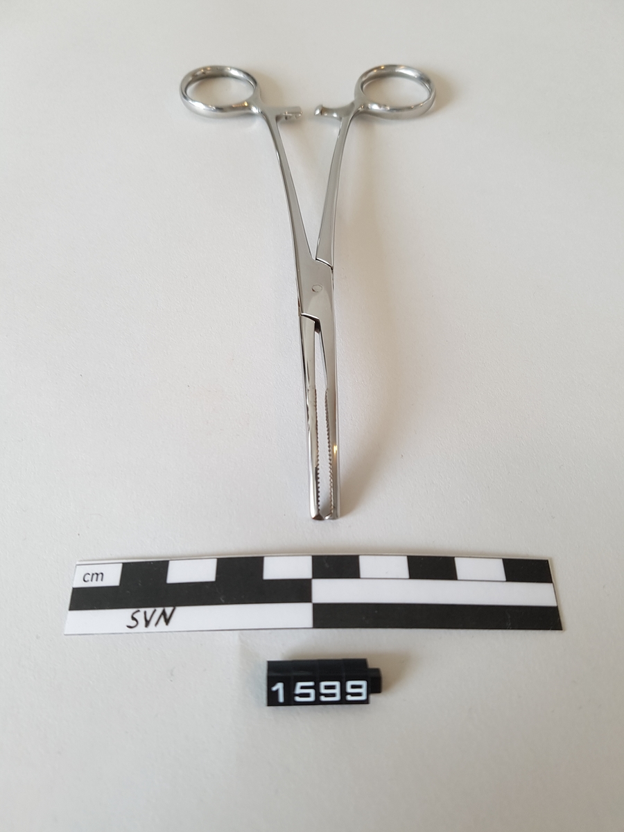 Gjenstanden er en kirurgisk bøyd klemme. 
Klemmen er utformet som en saks, men i stede for skjærekniver er det to flater som møtes og klemmes sammen.
Flatene som møtes har serrateringer, riller. ytterst på klemmen har flatene tenner som går i hverandre.
To tenner på en side og en tann på den andre siden.
Gjenstanden har fingerhull for manipulering av objektet.
like over fingerhullene er det en låsemekanisme med en hake på den ene delen og flere motstående haker på den andre delen
Instrumentet kan låses ved hjelp av disse og hvor mye press det legges på tangspissen bestemmes av hvilken av mothakene 
det låses mot.
