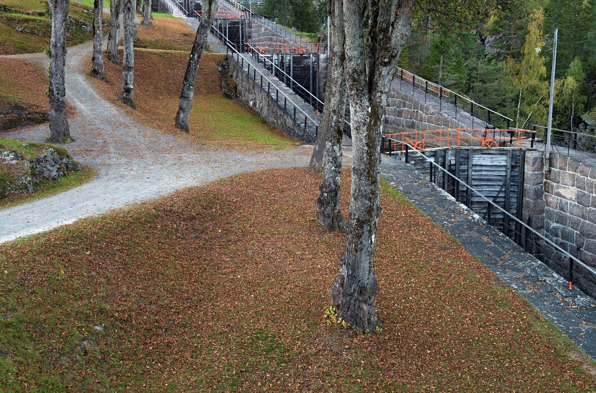 Parkmessig behandlet landskap ved den nedre delen av Vrangfoss sluser.  Fotografiet er tatt på den sørvestre sida av sluseanlegget, hvor det er opparbeidd små kjøreveger mellom lauvtrærne.  Til høyre i bildet ser vi den nedre delen av sluseanlegget, som var sprengt ned i berget ved siden av den store og mektige fossen.  Anlegget har en løftehøyde på 23 meter, fordelt på fem slusekamre, som alle er forblendet med murer av hogd naturstein.  Bildet viser også hvordan det er opparbeidet trapper med jernrekkverk på begge sider av slusene. 

Mer om Bandak-Norsjø-kanalen og slusene under fanen «Andre opplysninger»