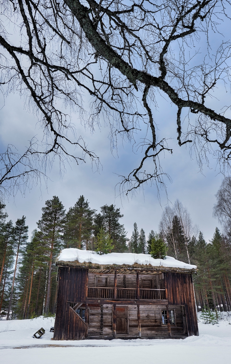 «Austmostua» eller «Østmostua» i det såkalte Solørtunet på Glomdalsmuseet i Elverum.  Huset er fra garden Søndre Austmo (Veltstua) i Mogrenda på vestsida i Hoff prestegjeld.  Det ble flyttet til Glomdalsmuseet i 1919. På det tidspunktet skal Austmostua ha vært i meget dårlig forfatning.  Vi må med andre ord anta at en god del av elementene i konstruksjonen ble skiftet ut i samband med gjenoppføringa på museet.  De seks Austmo-gardene, som var blitt til gjennom en serie eiendomsdelinger, lå fra gammelt av i klyngetun og hadde lenge utstrakt teigblanding.  Den dyrka marka ble utskiftet i 1805.  Det gamle klyngetunet skal ha eksistert fram til omkring 1880.  Denne bygningen skal ha ligget med den fremre langveggen [svalgangssida] mot gardstunet i vest og med den «bakre» langveggen mot bygdevegen øst for tunet.  Da huset ble gjenreist på Glomdalsmuseet ble den dreid 180 grader i forhold til himmelretningene.  

Austmobygningen er en 10,7 meter lang og 9 meter bred laftet svalgangsbygning med torvtekket saltak.  Første etasje har såkalt akershusisk grunnplan med inngang til et stuerom med dører videre til to mindre rom, et kjøkken og et kammers i den andre enden av bygningen (til venstre på dette bildet). Annen etasje er delt i to rom, som har separate dører mot svalgangen.  Den bæres av dreide stolper.  Oppgangen til annen etasje skjer via ei trapp med repos i den ene enden av svalgangen.  Ved denne trappa er bygningen delvis borkledd.  I motsatt ende av svalgangen i annen etasje er det også en bordvegg, antakelig fordi det var et kott der. Museumsmennene Håvard Skirbekk og Hilmar Stigum konstaterte at huset ikke hadde vært slik bestandig.  Skirbekk bad dendrokronologipioneren Sigurd Aandstad om å datere tømmeret.  Han kom til at veggstokkene i første etasje var hogd i 1730.  I annen etasje har laftinga et annet preg.  Både Skirbekk og Stigum var derfor enige om at dette var ei akershusisk stue som var blitt påbygd en etasje, og som i forbindelse med påbygginga hadde fått en svalgang som forbandt de to etasjene og gardstunet.  Stigum anslo at dette kunne ha skjedd omkring 1800, mens Skirbekk etter studier av skiftemateriale kom til at ombygginga til toetasjes svalgangsbygning måtte ha skjedd omkring 1780.  Skirbekk har gjengitt ei skifteavskrift som forteller mye om hvordan bygningen var innredet i 1791 i boka «Hus og tun» (1963).  Etter at Skirbekk skrev om bygningen har man også oppdaget at det i 1782 foregikk en dølgsmålsfødsel på Austmo, muligens i denne bygningen, noe som er bakgrunnen for at dette fotografiet ble tatt (jfr. fanen «Historikk»).