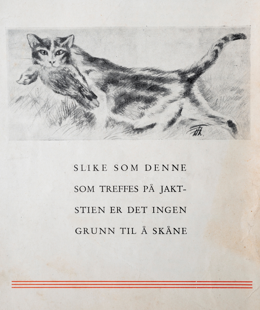 Faksimile fra baksida av magasinet «Jeger og Fisker», utgitt av Norges jeger- og fiskerforbund i 1947.  Oppslagets blikkfang er ei tegning av en vandrende katt med en fugl i kjeften.  Under denne tegninga har Jeger- og fiskerforeningens talsmenn publisert følgende tekst: «SLIKE SOM DENNE SOM TREFFES PÅ JAKTSTIEN ER DET INGEN GRUNN TIL Å SKÅNE».  Organisasjonen har alltid arbeidet for å redusere bestandene av predatorer på jaktbare arter, og i denne sammenhengen oppfordres det også til avskyting av rovdyrarten katt.  Dette var åpenbart kontroversielt, i og med at mange mennesker har katt som kjæledyr. 
