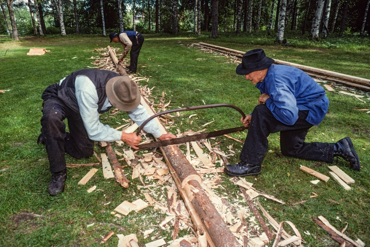 Ola Kolstad, Kjell Haugen og Bjørn Haugen fra Nord-Odal lager flisbane i Norsk Skogmuseums friluftsmuseum på Prestøya i Elverum sommeren 1998. De har lagt emneved – som tradisjonsbærerne kaller «flisrajer» – etter hverandre i linje på ei grasslette.  Karene boret hull i rajene og slo plugger av ospevirke gjennom disse hullene og ned i bakken, slik at rajene lå stabilt.  Dette arbeidet var allerede gjort da dette fotografiet ble tatt.  I forgrunnen ser vi Ola Kolstad og Bjørn Haugen skjære hakk på tvers av rajene med cirka 50 centimeters mellomrom ved hjelp av ei bogesag.  Lengre bak ser vi Kjell Haugen telgje ujevnheter i skjøtene mellom flisrajene plane med øks.  Når dette var gjort kunne «kjøringa» starte.  Flisa ble produsert ved hjelp av en diger høvel – en såkalt «flisokse» – som ble trukket over rajene mens en mann kjørte hestene, en styrte flisoksen og en satt på den, slik at den lå «godt nedåt» og etterlot seg flis med jevn tjukkelse på cirka fem millimeter.  Når de første flisrajene var høvlet nesten ned til kjernen, ble de brukt som underlag for neste lag av flisrajer, som ble festet på de underliggende ved hjelp av ospeplugger.  Flisbanen besto av flisrajer i to parallelle linjer, slik at karene kunne kjøre «fram» på den ene og «attende» på den andre.  Fotografiet er tatt i under opptakene til en instruksjonsfilm om produksjon av takflis og legging av takflis, og karene hadde kledd seg i antrekk som gav assosiasjoner til ei tid da bruken av et slikt taktekkingsmateriale var langt mer utbredt enn på opptakstidspunktet. 