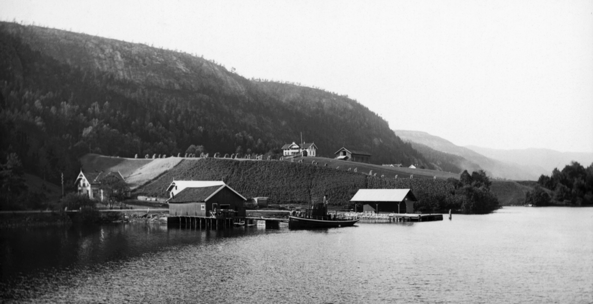 Slepebåten «D/S Axel» ved brygga på Strengen i Nome kommune i Telemark.  Fotografiet er tatt over det smale sundet ved utløpet av Flåvatn, mot brygga der Skiensvassdragets Fellesfløtningsforening hadde redskaps- og lagerhus (til venstre) og dampskipsbrygga der blant annet turistbåten Victoria hadde stoppested (til høyre).  På bakkekammen i bakgrunnen skimter vi et jorde med «oppdrått», korband som er tredd på staurer for tørking, før det kjøres inn på låven på garden Ovastrøm for å treskes.  I bakgrunnen skimter vi også takene på gardsbruket Ulsnes, og over det hele kneiser bergryggen Vardefjell. 