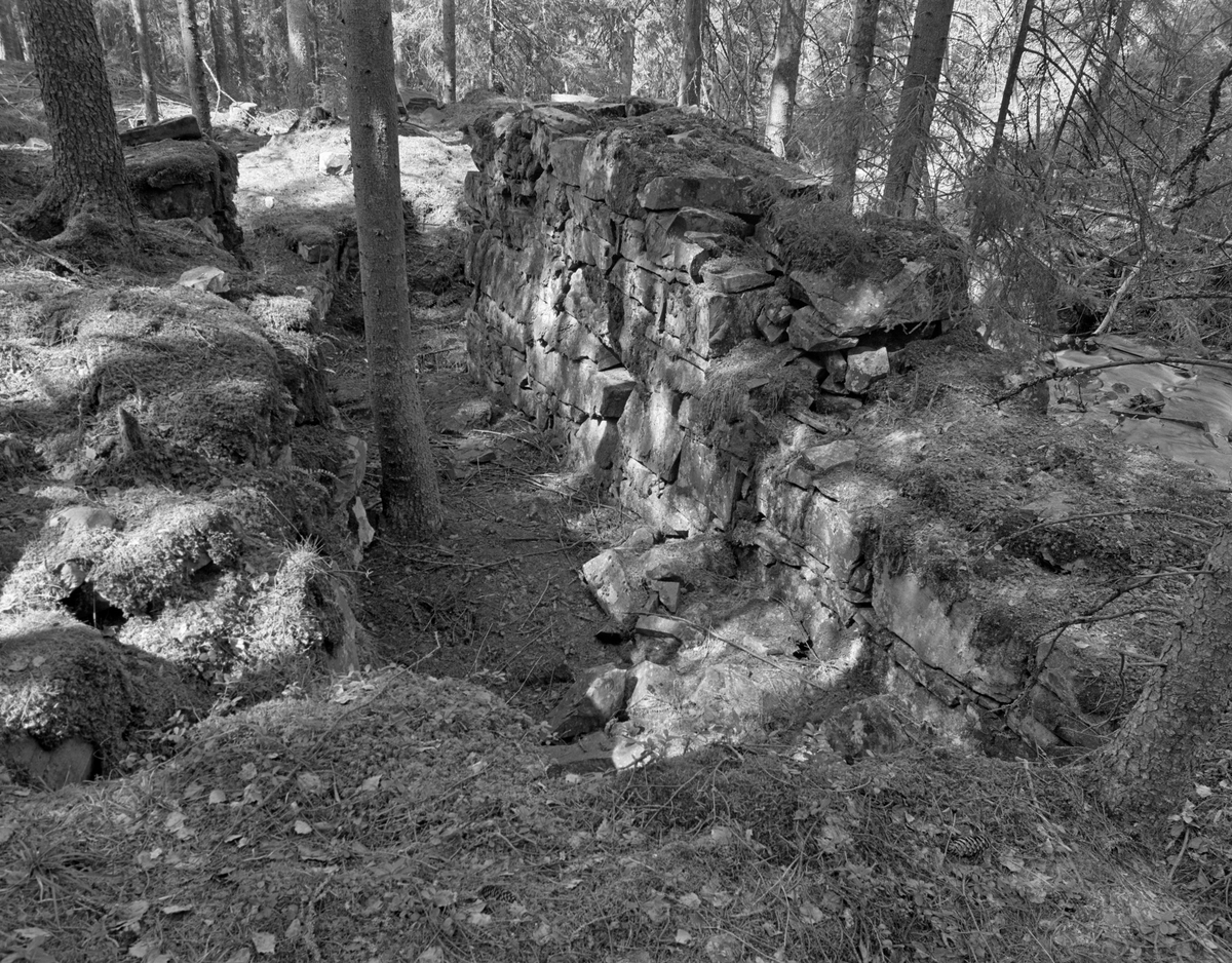 Fotografi av hjulhuset som var fundament for kjerrat nummer 9 i Åsa på Ringerike.  Fotografiet er tatt i 1980 – 130 år etter at bruken av kjerratene Peder Anker fikk bygd i perioden 1803-1806 ble avviklet.  Fotografiet viser en tørrmur av naturstein.  Denne muren var fundament for en grov treaksling med et roterende overfallshjul og med et drivhjul som trakk kjerringen fra det nedenforliggende kjerrathjulet med de tømmerstokkene som kom derfra.  Murverket var også fundament for en plattform av tre, der det i driftsperioden sto noen karer og trakk stokkene over fra det nedenforliggende kjettingstrekket over på det ovenforliggende, som ble drevet av et vasshjul noe høyere oppe i lia.  Arve Frydenlund, som har studert dette anlegget, mener at vasshjula her må ha hatt en diameter på 7,5 til 8 meter, og en bredde på bortimot 1,8 meter.   Hjulkjellerne var om lag 7 meter lange og snaut 3 meter høye.  Alle opprinnelige trekonstruksjoner var borte da dette fotografiet ble tatt.  Det vokste forholdsvis store grantrær i hjulhusruinen da dette fotografiet ble tatt, men den var likevel godt «lesbar» som kulturminne.