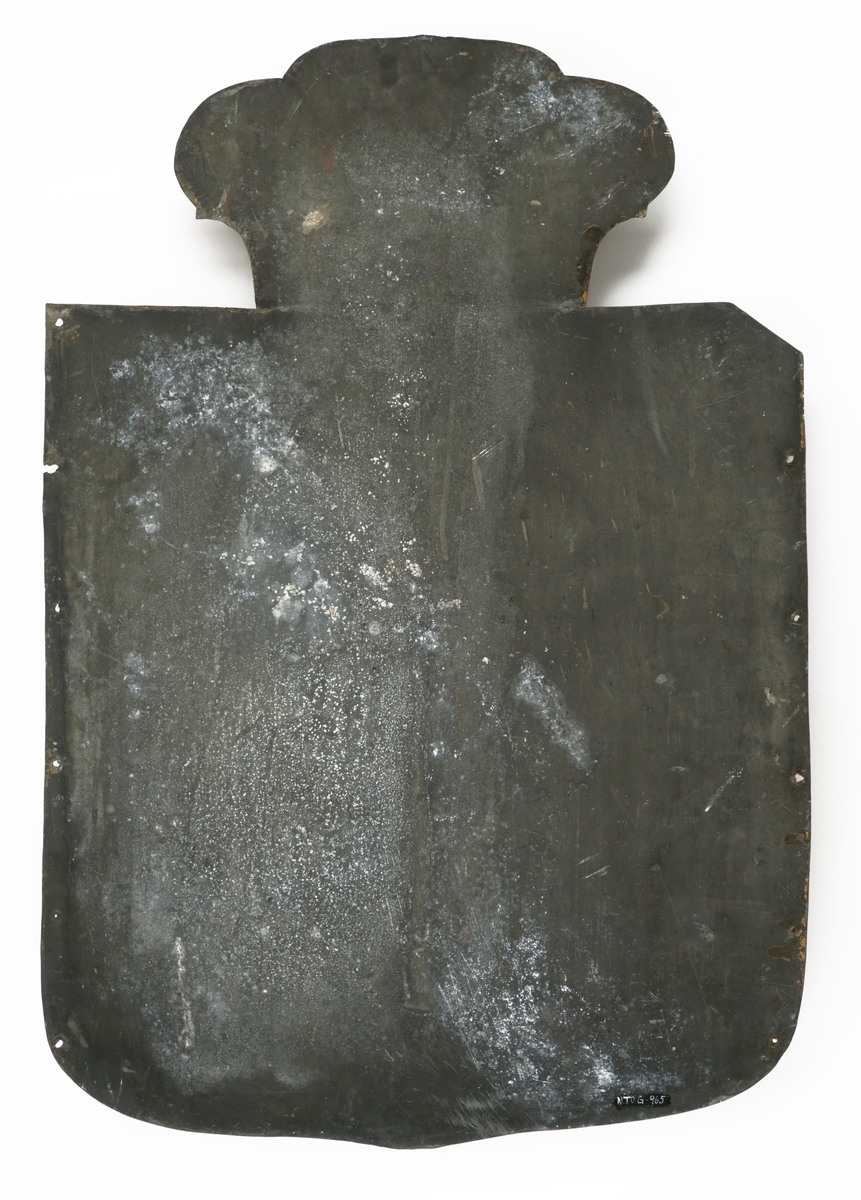 Firkantet metallskilt med avrundet kant nede ,med krone i gull og rødt over løve i gull med øks. Skiltet er rødt i bunnen med en kant i gull.Rikseplet med Olavskorset mangler på kronen. "TOLDKAMMER" er  skrevet i gull nederst på skiltet. Hull i alle hjørner fot antatt oppheng.