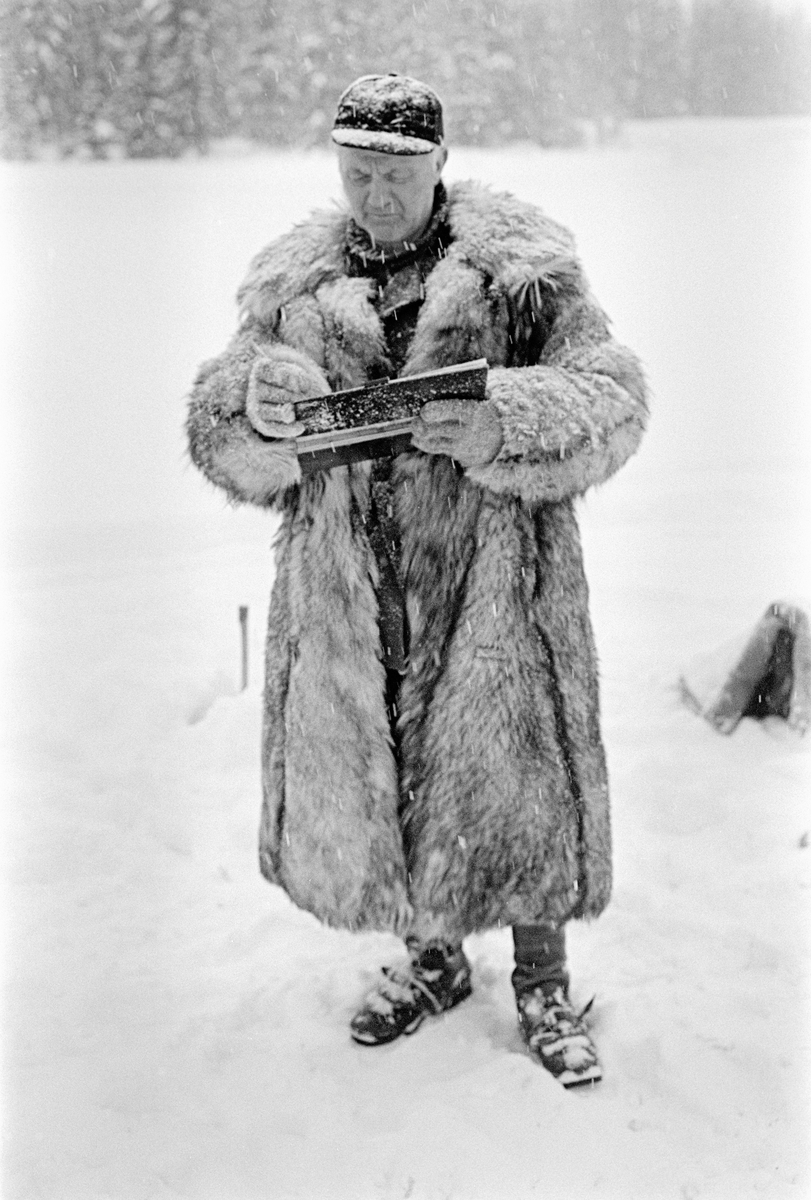 Tømmermåling i Nordre Osen (Åmot kommune i Hedmark) i februar 1980.  Fotografiet viser en mann, kledd i ulveskinnspels og med østerdalslue på hodet, med ei stikkbok i hendene framfor seg.  Stikkboka var «notatblokken» der lengde- og diameter på innmålte tømmerstokker ble loggført, med sikte på forestående avregninger mellom tømmerkjøper og skogeier.  Ulveskinnspelsen holdt varmen i måleren under et forholdsvis stillestående arbeid.  Fra gammelt av var det dessuten vanlig av sagbrukenes og treforedlingsbedriftenes målere også var tømmerbetingere, som inngikk kjøpsavtaler.  I sike sammenhenger gjorde de fine kjørepelsene, som ikke var hver manns eiendom, et inntrykk av økonomisk soliditet som skapte tillit i transaksjonene.  Fotografiet er tatt i forbindelse med opptakene til fjernsynsfilmen «Fra tømmerskog og ljorekoie», som ble vist på NRK 1. mai 1981.  Ettersom poenget med denne filmen var å synliggjøre strevet i tømmerskogen i den førmekaniserte driftsfasen, viser den driftsprosedyrer og redskap som bare noen få veteraner fortsatt brukte på opptakstidspunktet.  I 1980 var størstedelen av tømmertransporten egentlig flyttet fra vassdrag til veg, og mesteparten av målinga var samtidig flyttet til kjøpernes tømmertomter.  Dette fotografiet må derfor oppfattes som en rekonstruksjon fra en virkelighet som tidsmessig sett lå minst en generasjon forut for opptaket.