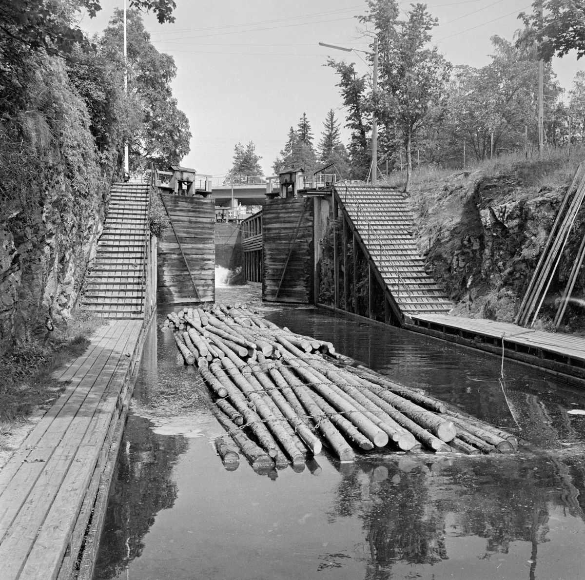 Det nederste kammeret i Ørje sluser i Marker kommune i Østfold.  Dette fotografiet ble tatt i 1982, som var den siste sesongen med tømmerfløting i Haldenvassdraget.  De siste tre åra ble det utelukkende fløtet ubarket massevirke i tre meters lengder.  Tømmeret ble utislått i bunter fra lastebiler ved Skulerud i Høland.  Derfra ble det først fløtet i store slep til Ørje ved sørenden av Rødenessjøen.  Der måtte slepene deles opp i lenker som var tilpasset lengden på de tre slusekamrene.  Ved Ørje skulle tømmeret sluses 10 høydemeter ned, fra Rødenessjøen ovenfor til Ørjeelva nedenfor.  Med det nevnte virkessortimentet gikk det fire lastebilbunter («moser») i hver slusevending.  Dette fotografiet er tatt idet man åpnet sluseporten mot det midtre slusekammeret ved hjelp av et gangspill, slik at mosene etter hver kunne flyte over på vannspeilet i forgrunnen.  

En liten historikk om tømmerfløting og kanaliseringsarbeid i Haldenvassdraget finnes under fanen «Opplysninger».