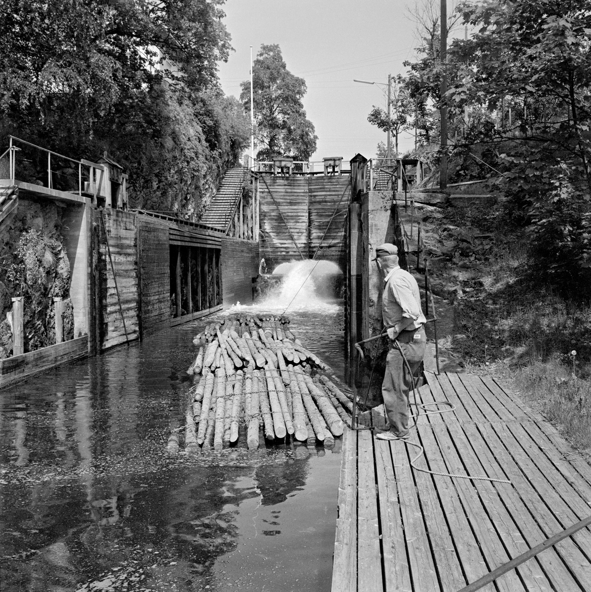 Det nederste kammeret i Ørje sluser i Marker kommune i Østfold.  Dette fotografiet ble tatt i 1982, som var den siste sesongen med tømmerfløting i Haldenvassdraget.  De siste tre åra ble det utelukkende fløtet ubarket massevirke i tre meters lengder.  Tømmeret ble utislått i bunter - «moser» - fra lastebiler ved Skulerud i Høland.  Derfra ble det først fløtet i store slep til Ørje ved sørenden av Rødenessjøen.  Der måtte slepene deles opp i lenker som var tilpasset lengden på de tre slusekamrene.  Ved Ørje skulle tømmeret sluses 10 høydemeter ned, fra Rødenessjøen ovenfor til Ørjeelva nedenfor.  Med det nevnte virkessortimentet gikk det fire lastebilbunter («moser») i hver slusevending.  Dette fotografiet er tatt idet man åpnet sluseporten mot det nedre slusekammeret ved hjelp av et gangspill, slik at mosene etter hver kunne flyte over på vannspeilet i forgrunnen.  Det kvitskummende vannet fra ovenforliggende sluseport bidro til å «spyle» tømmeret nedover i anlegget.  Mannen til høyre i forgrunnen er sannsynligvis Harald Vold, som var fast fløter ved Ørje i mange år.  Da dette fotografiet ble tatt dro han ei slusevending med fire moser fra et slusekammer til det neste.

En liten historikk om tømmerfløting og kanaliseringsarbeid i Haldenvassdraget finnes under fanen «Opplysninger».