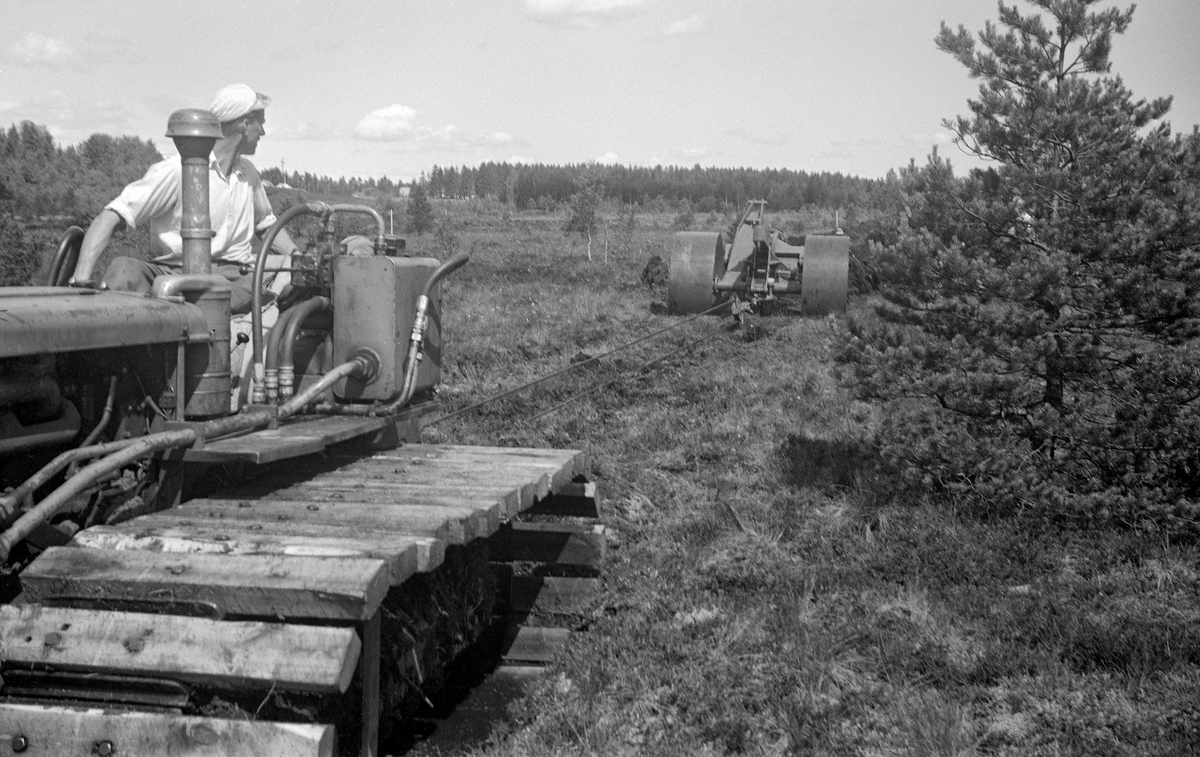 Fra de første norske grøfteforsøkene med den finskproduserte «Lokomo-plogen» i 1957.  Forsøkene ble utført på Akermyrene i skipsreder Carsten Bruns skog ved Sem i Vestfold.  Fotografiet viser beltetraktoren (til venstre i forgrunnen) og plogen (til høyre bak).  Lokomo-plogen veide hele 3,8 tonn.  Den ble trukket av en kraftig beltetraktor med bakmontert vinsj.  Plogen etterlot seg ei renne i myra som var 70-90 centimeter djup, cirka 30 centimeter bred i botnen og en drøy meter bred i marksjiktet.  De oppløyde torvmassene skjøv plogen godt til side for grøftekantene.  Da forsøkene startet brukte forsøksleder Ivar Samset og hans mannskap en tung beltetraktor, slik det var vanlig i Finland.  I de fuktige norske myrene fungerte dette dårlig.  Traktoren sank ned i myra, det ble en vanskelig operasjon å berge den.  Etter ha gjort denne erfaringa ble den tunge traktoren erstattet av en som var lettere.  For å bedre flyteeevnen på myrene ble det skrudd plankestubber på beltene, noe som også framgår av dette fotografiet.  Mer informasjon om Lokomo-plogen finnes under fanen «Opplysninger».