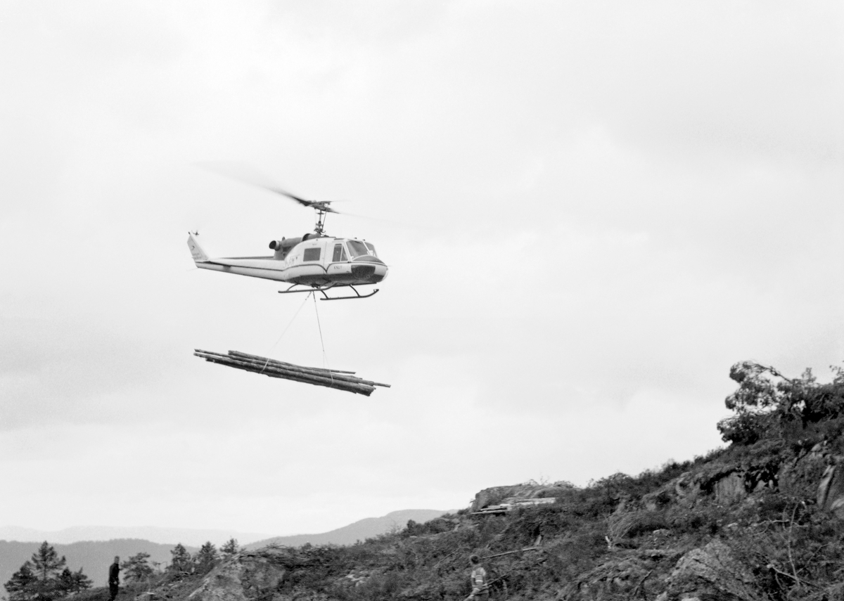 Fra forsøk med helikoptertransport av tømmer i bratt fjellterreng på godseier S. D. Cappelens skogeiendom sør for Tarrenuten på østsida av Kviteseidvatnet i Telemark.  Disse forsøkene ble utført i begynnelsen av juli 1962 med et helikopter av typen «Bell 204-B» som selskapet Helikopter Service A/S leide ut til dette prosjektet.  I god tid før helikopterforsøket startet hadde man hogd ei om lag 9 hektar stor flate i til dels bratt, kløftet og storsteinet terreng.  Trærne ble kvistet, barket og tørket noe før helikoptertransporten startet.  Hver enkelt stokk ble også veid og samlet i bunter, slik at lassene nyttet mye av, men ikke hele, helikopterets løftekapasitet.  Forskerne kunne konstatere at gjennomsnittslasset veide 1 378 kilo, om lag 86 prosent av maskinens oppgitte løfteevne.  Tømmeret skulle fraktes om lag 630 høydemeter ned mot Kviteseidvatnet, der det ble sluppet fra lav høyde ned i en ringbom med sikte videre fløting mot Ulefoss og Skien.  Dette fotografiet er tatt idet helikopteret var i ferd med å lette med en stroppet tømmerbunt.  Mer informasjon om forsøkene med helikoptertransport av tømmer fra vanskelig terreng finnes under fanen «Opplysninger».