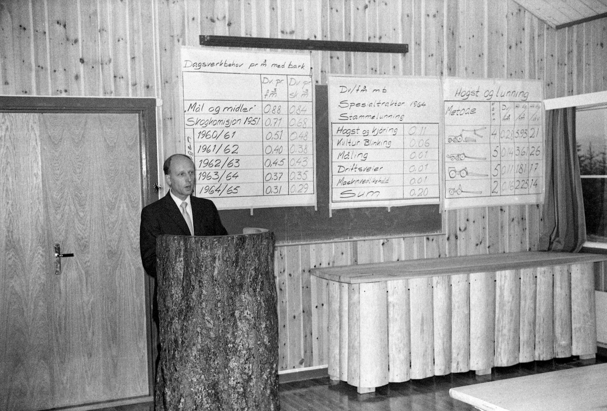 Ivar Samset (1918-2015), professor i skogbrukets driftsteknikk, fotografert mens han orienterte om aktuelle driftstekniske forsøk under åpningen av nybygget «Silvifuturum» i forsøksskogen i Hurdal i Akershus 16. november 1965.  Samset sto bak en talerstol som var lagd av en grov furustamme med skorpebarken intakt.  På veggen bak ham var det montert tre plakater med tabeller som professoren refererte til under forelesningen.  

Ivar Samset var født i Skien, der faren John Samset var skogforvalter i Grenland skogforvaltning. Gjennom å følge faren på en del av hans befaringer fikk unge Ivar et nært forhold til skogen og skogbruket som fagområde. Etter examen artium i 1938 hadde han praksis i Treschow-Fritzøes skoger i Siljan, før han fikk plass som elev ved skogskolen på Kongsberg.  Derfra bar det videre til Norges Landbrukshøgskole på Ås, der han avla en meget god eksamen i 1944, etter å ha skrevet hovedoppgave om bøkeskogene i Vestfold. Den unge forstkandidaten Ivar Samset ble ansatt som skogbrukslærer ved Buskerud landbruksskole. Daværende skogdirektør Karenus Sørhuus hadde imidlertid hørt om Samset, og visste at han var minst like interessert i teknologi som i bøkeskogens biologi. Sørhuus ordnet det slik at Samset fikk studere ved Norges tekniske høgskole i Trondheim. Skogdirektøren skal ha tiltenkt den evnerike unge mannen en posisjon i et jord- og skogbruksteknisk institutt han arbeidet for å få etablert i Oslo-området.  Lederen i Det norske Skogforsøksvesen kom ham imidlertid i forkjøpet, og tilbød Samset en stilling som forsøksleder i en nyopprettet avdeling for driftstekniske undersøkelser under denne organisatoriske paraplyen. Samset oppfattet aktørene i skogbruket som grunnleggende konservative.  Dette skal ha vært bakgrunnen for at han innledet sine undersøkelser med studier av manuell hogst og av transportmateriell med hest som trekkraft. I 1950 fikk Samset anledning til å reise et helt år for å studere skogbrukets driftsteknikk i Nord-Amerika. Han vendte tilbake med mange impulser, særlig fra det canadiske storskogbruket, som han etter hjemkomsten til Norge forsøkte å tilpasse det norske bondeskogbrukets vilkår. Også i åra som fulgte reiste Samset mye og kom begeistret hjem med idéer som han ville tilpasse norske forhold. Noen impulser gikk også den andre vegen, fra Samset og instituttet hans til andre lands skogbruk. Han høste mye anerkjennelse for sitt arbeid.  Samset sto blant annet sentralt i et omfattende samarbeid med det greske skogbruket. Han var også en profilert aktør i IUFRO – International Union of Forest Reseach Organizations. I 1971 ble Samset valgt til president i IUFRO, et tillitsverv han hadde i fem år.   Det siste året, i 1976, fikk han gleden av å være vert for en verdenskongress som samlet om lag 2 000 skogbrukere i Oslo. Også i sitt eget faglige nærmiljø høstet Samset mye heder og anerkjennelse. I 1956 fikk han professortittel, og med den fulgte også en sentral posisjon i det skogfaglige miljøet ved Norges landbrukshøgskole. Et grunnleggende premiss for Samsets arbeid var hans oppfatning om at det norske skogbruket og den norske skogindustrien var under press, både i et hjemmemiljø med stadig stigende lønnskostnader og et stadig mer globalisert marked for skog- og tømmerprodukter med voksende prispress. Samset så det som sin og det driftestekniske forskningsmiljøets fremste oppgaver å være serviceorgan for aktørene i skogbruket i en slik situasjon. Han mente at teknoøkonomiske framskritt var en forutsetning for at skogsektoren skulle greie seg i den konkurransen den ble stadig mer eksponert for, og hadde liten forståelse for at bevilgningene tll virksomheten han ledet ikke var så store som han kunne ha ønsket. Samsets pågående, engasjerte personlighet og hans åpenbare faglige dyktighet bidro likevel til at driftsteknikk i de første tiåra etter 2. verdenskrig var ett av de aktivitetsfeltene i skogbruket det ble investert mest i. Samset var kjent for å ha en autoritær lederstil. «Hans diplomatiske evner er forholdsvis svakt utviklet», uttalte Oluf Aalde, som først stiftet bekjentskap med den fargerike professoren som student, deretter som medarbeider i Det norske Skogforsøksvesen, og seinere møtte ham igjen fra ulike posisjoner i det statlige skogbyråkratiet. Samset var overbevist om den driftstekniske forskningens og sin egen store betydning. Han kunne være skarp, kritisk og provoserende, noe som virket belastende på en del samarbeidsrealsjoner. På den annen side høstet han stor beundring for sin faglige dyktighet og sitt voldsomme engasjement for fagfeltet sitt og skogbruket som næring. Ivar Samset videreførte dette engasjementet også etter at han ble pensjonist. På sine eldre dager skrev han to sjølbiografiske bøker, «Storm gjennom skogene» (2003) og «Fra muskler til maskiner i skogen» (2008), basert på et omfattende dagbokmateriale fra et uvanlig aktivt liv i skogbrukets tjeneste.