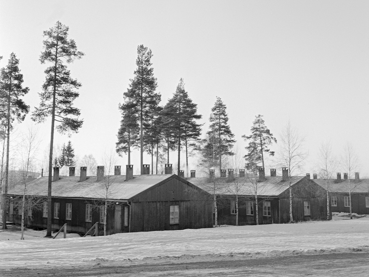 Såkalte tyskerbrakker ved Sønsterud i Åsnes i Solør.  Under 2. verdenskrig var disse brakkene innkvarteringssted for ungdom som gjorde «arbeidstjeneste» som alternativ til verneplikten man hadde hatt i fredstid.  Like etter krigsutbruddet var dette en frivillig ordning, der ungdommen skulle hjelpe til med gjenoppbygging etter noen av de materielle skadene krigshandlingene i 1940 hadde forårsaket.  Seinere ble arbeidstjenesten ble gjort obligatorisk for all rulleført ungdom, som på denne måten skulle utføre fire til åtte ukers samfunnstjeneste.  Om lag 30 000 norske ungdommer, hvorav cirka 10 prosent unge kvinner, skal ha gjort arbeidstjeneste.  Det var cirka 50 AT-leirer i Norge.  Mannskapene i leiren på Sønsterud arbeidet i hovedsak med jorddyrkingsoppgaver.  Etter krigen ble bygningsmassen stilt til disposisjon for et kurs- og skolested for norske skogsarbeidere.  Det første kurset ble avviklet i oktober 1946.  Etableringa av dette undervisningstilbudet falt sammen ei gjennomgripende omlegging av driftsteknikken i norsk skogbruk.  Handredskaper for felling, kvisting, kapping og øying og kjøreredskaper for hest ble avløst av motorisert materiell.  De nye redskapene var kostbare i innkjøp.  Derfor ble det oppfattet som viktig skogsarbeiderne visste å handtere motorsager, traktorer, vinsjer og annet mekanisk materiell på en effektiv måte, og at de var sjølhjulpne dersom det oppsto driftsstans, slik at uproduktive avbrudd ble kortest mulig.  Dette fotografiet ble antakelig tatt i 1960, like før Kirke- og undervisningsdepartementet fikk reist mer moderne undervisnings- og internatbygninger for skogsarbeiderskolen på Sønsterud.